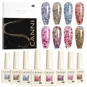CANNI Gel Polish Glitter Gel Nail Polish Set, 8 Colors Glitter Nail Gel, Shiny Blue Red Brown Glitter Gel Polish U V LED Soak Off Manicure Glitz Flash Gel Series Kit Gift for Women Girls