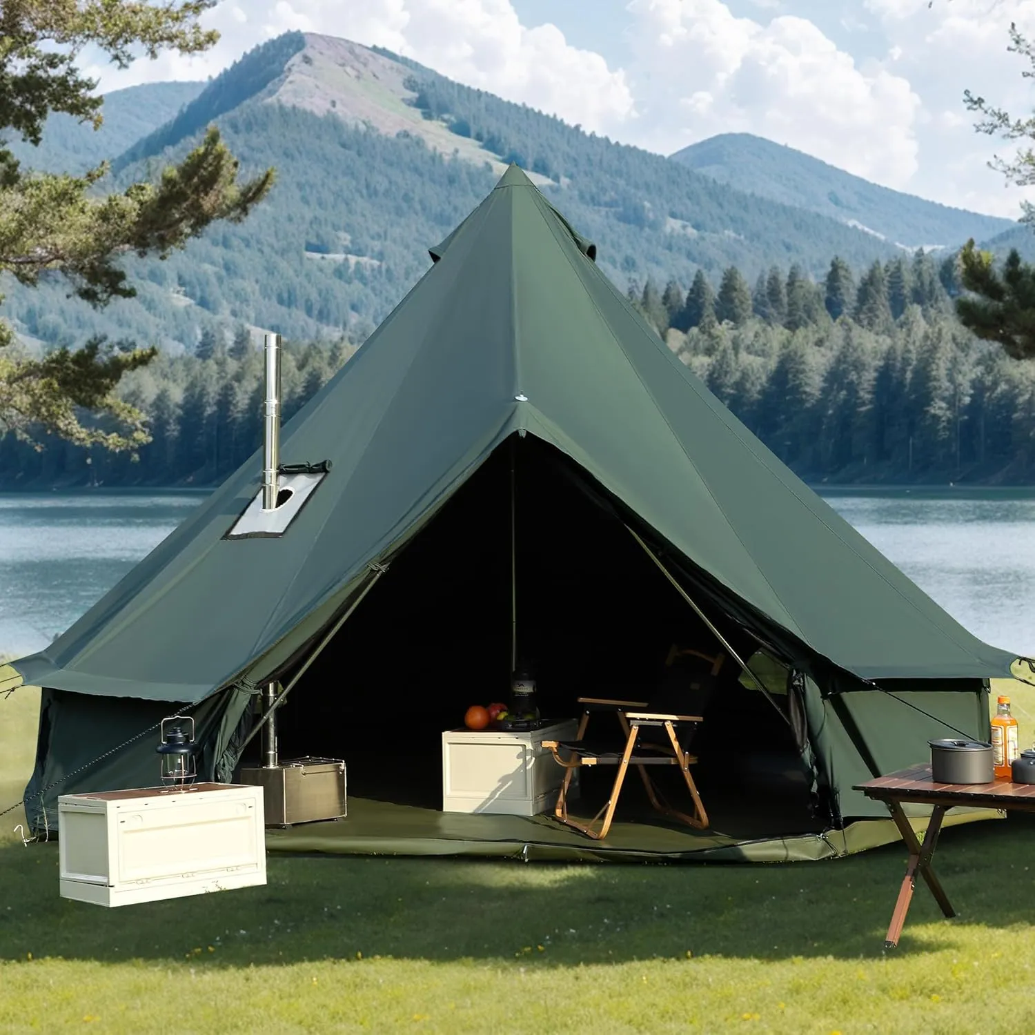 Canvas Bell Yurt Tent, 4-Seasons Shelter with Stove Jack & Waterproof, Luxury Camping Tent for Family Outdoor Adventures, 6-8 Person Use (3M-Army Green(10'))