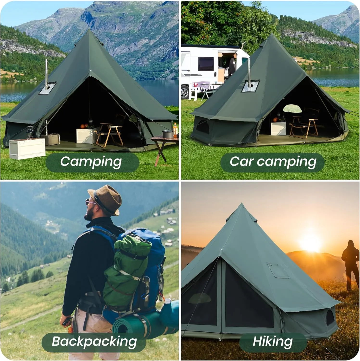 Canvas Bell Yurt Tent, 4-Seasons Shelter with Stove Jack & Waterproof, Luxury Camping Tent for Family Outdoor Adventures, 6-8 Person Use (3M-Army Green(10'))
