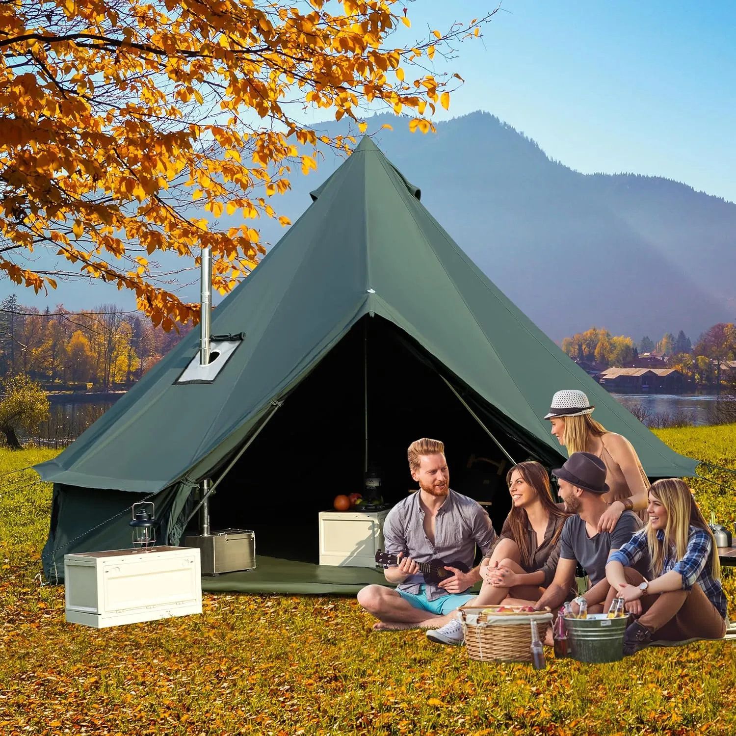 Canvas Bell Yurt Tent, 4-Seasons Shelter with Stove Jack & Waterproof, Luxury Camping Tent for Family Outdoor Adventures, 6-8 Person Use (3M-Army Green(10'))