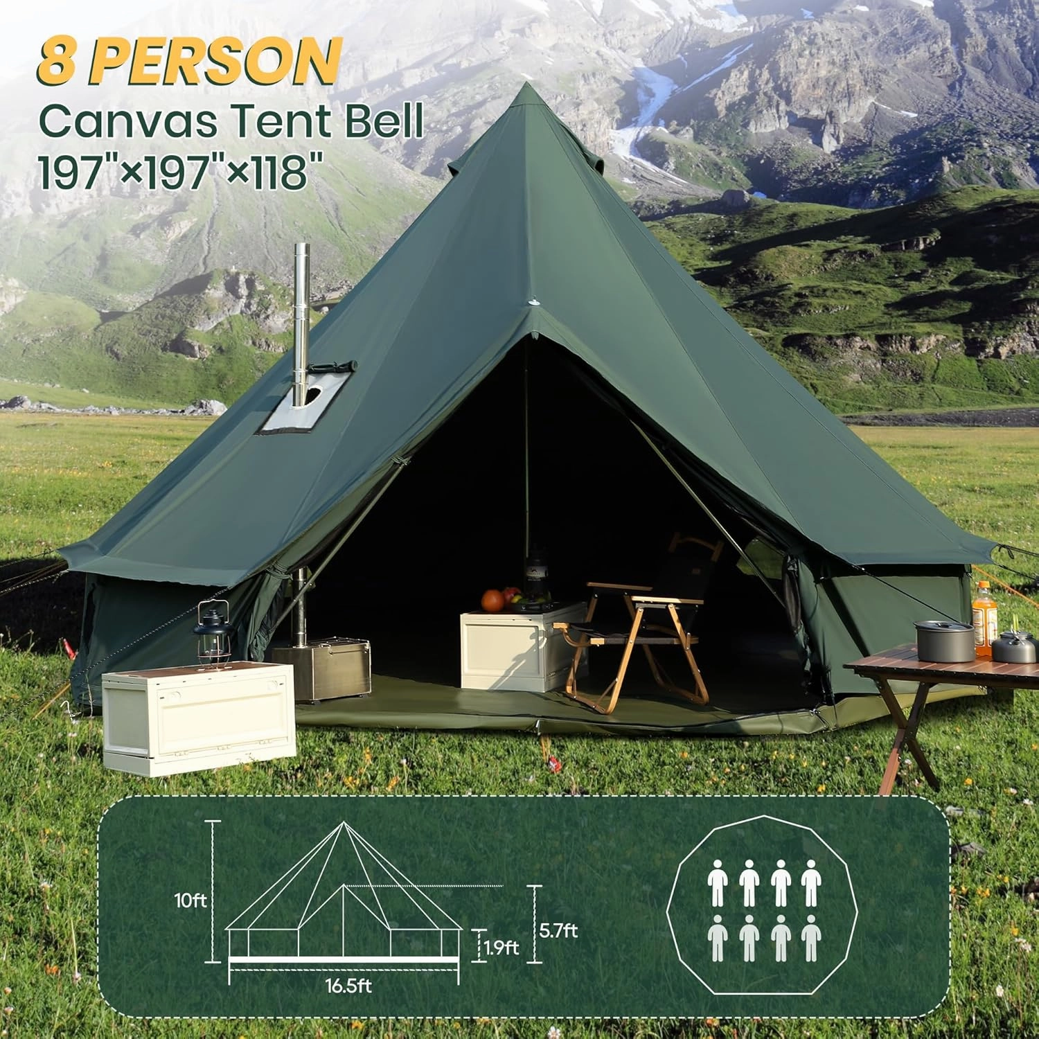 Canvas Bell Yurt Tent, 4-Seasons Shelter with Stove Jack & Waterproof, Luxury Camping Tent for Family Outdoor Adventures, 6-8 Person Use (3M-Army Green(10'))