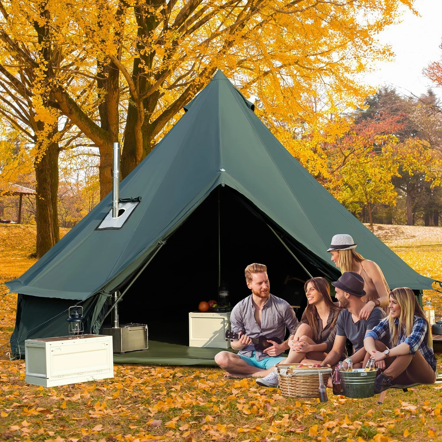 Canvas Bell Yurt Tent, 4-Seasons Shelter with Stove Jack & Waterproof, Luxury Camping Tent for Family Outdoor Adventures, 6-8 Person Use (3M-Army Green(10'))