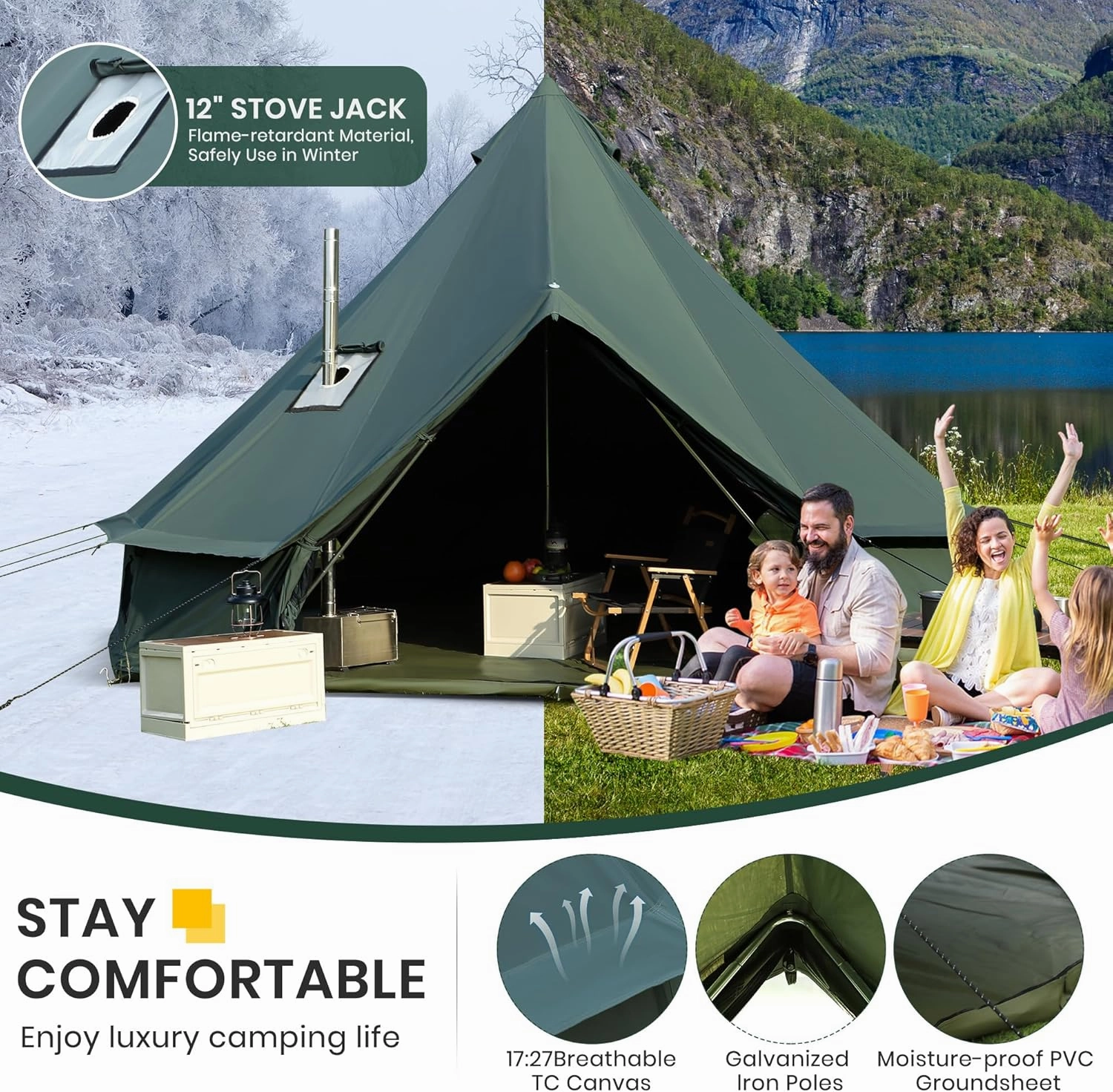 Canvas Bell Yurt Tent, 4-Seasons Shelter with Stove Jack & Waterproof, Luxury Camping Tent for Family Outdoor Adventures, 6-8 Person Use (3M-Army Green(10'))