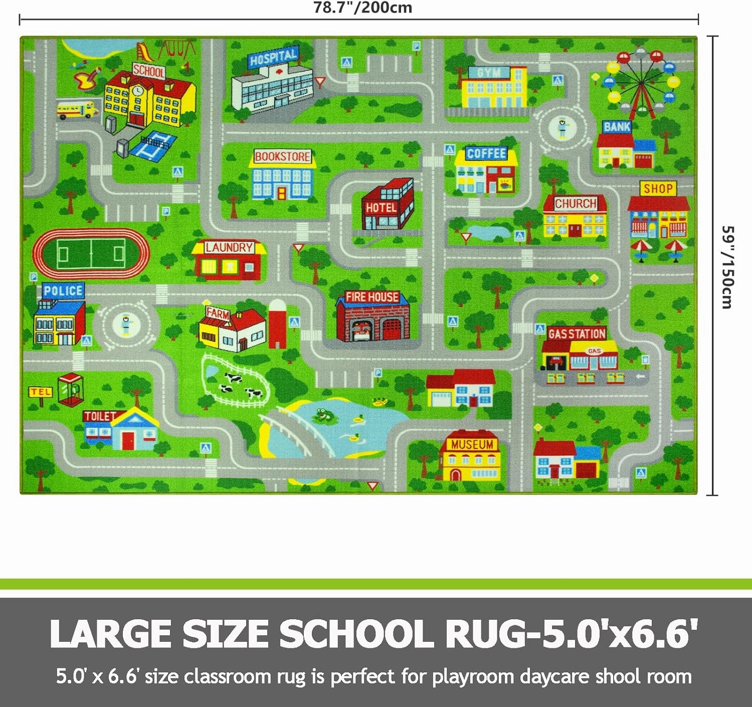 Capslpad Green Car Road Kid Rug Carpet Playmat for Playoom Traffic Road Kids Play Mat for Toddler Non Slip Washable City Map Race Track Carpet Rug for Kids Room Bedroom Nursery Room Decor,6.6'x5'
