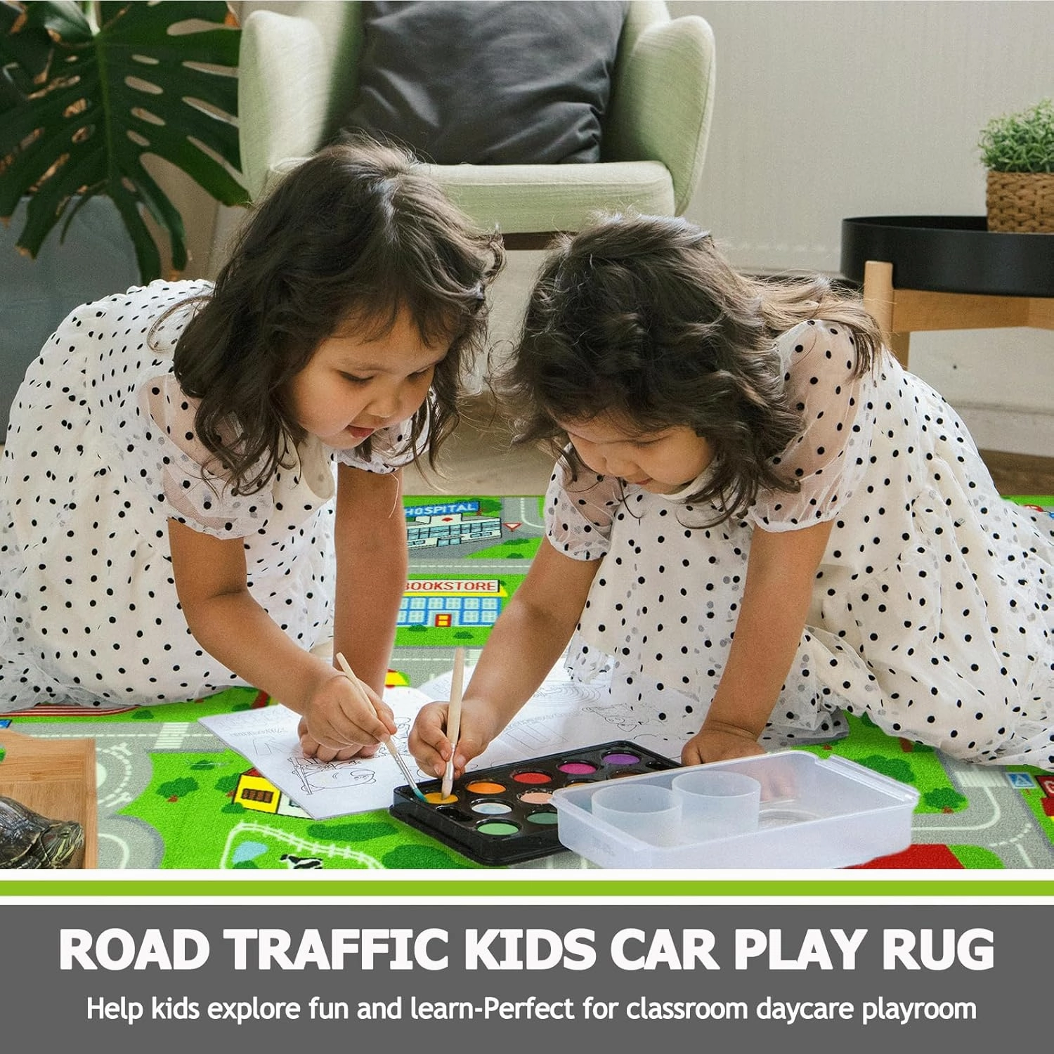 Capslpad Green Car Road Kid Rug Carpet Playmat for Playoom Traffic Road Kids Play Mat for Toddler Non Slip Washable City Map Race Track Carpet Rug for Kids Room Bedroom Nursery Room Decor,6.6'x5'
