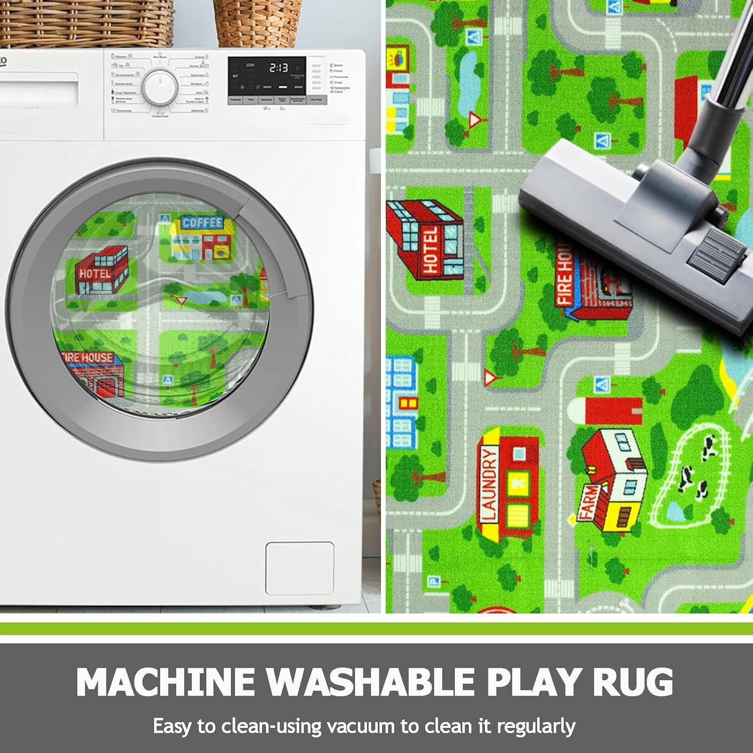 Capslpad Green Car Road Kid Rug Carpet Playmat for Playoom Traffic Road Kids Play Mat for Toddler Non Slip Washable City Map Race Track Carpet Rug for Kids Room Bedroom Nursery Room Decor,6.6'x5'