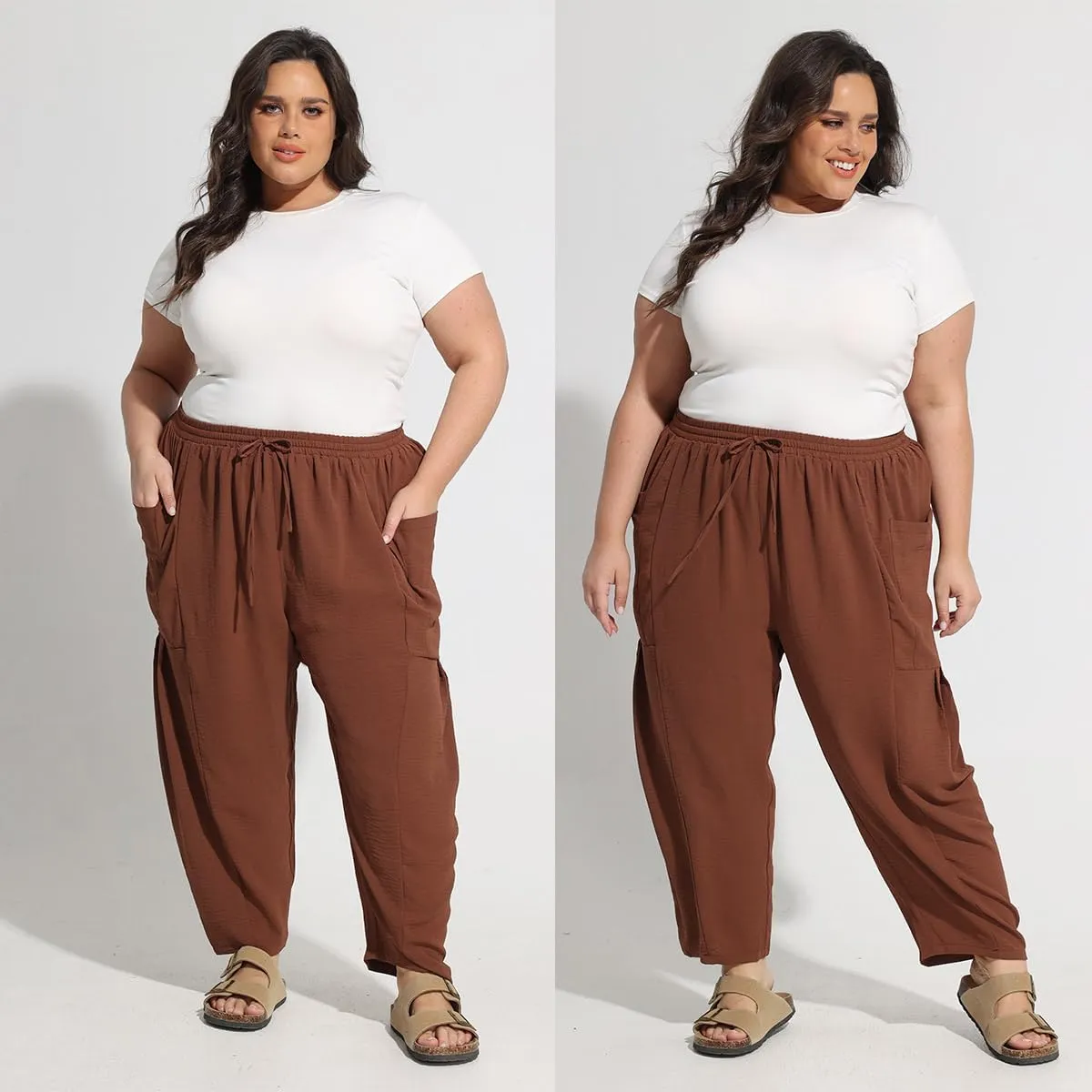 CARCOS Plus Size Pants Womens Summer Palazzo Harem Pants Drawstring Lantern Beach Pant Ankle Vacation Pant with Pocket Xl-5XL