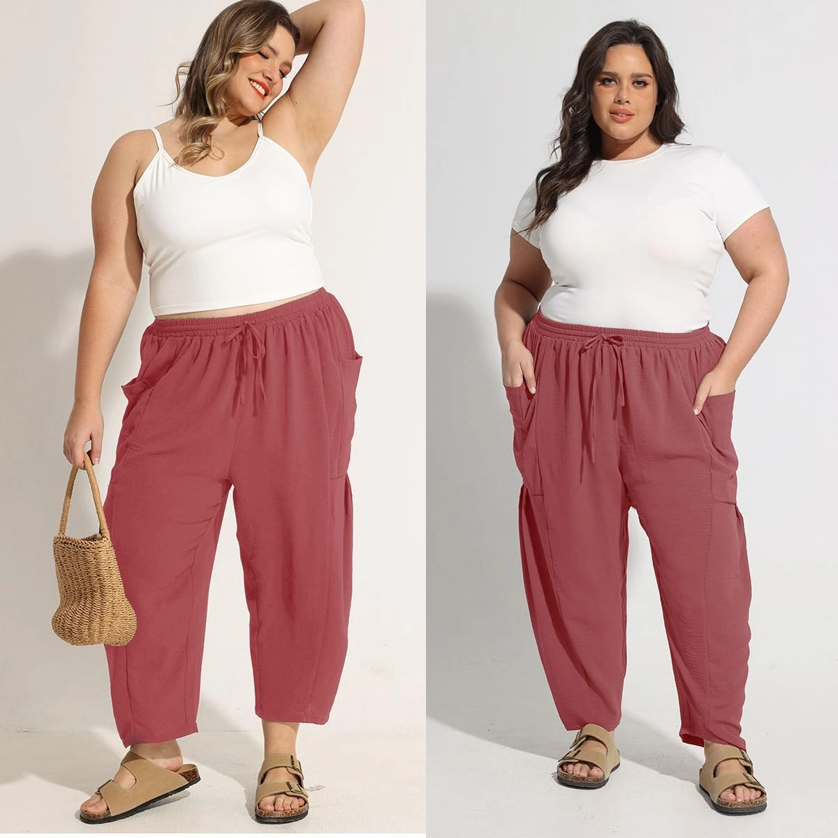 CARCOS Plus Size Pants Womens Summer Palazzo Harem Pants Drawstring Lantern Beach Pant Ankle Vacation Pant with Pocket Xl-5XL