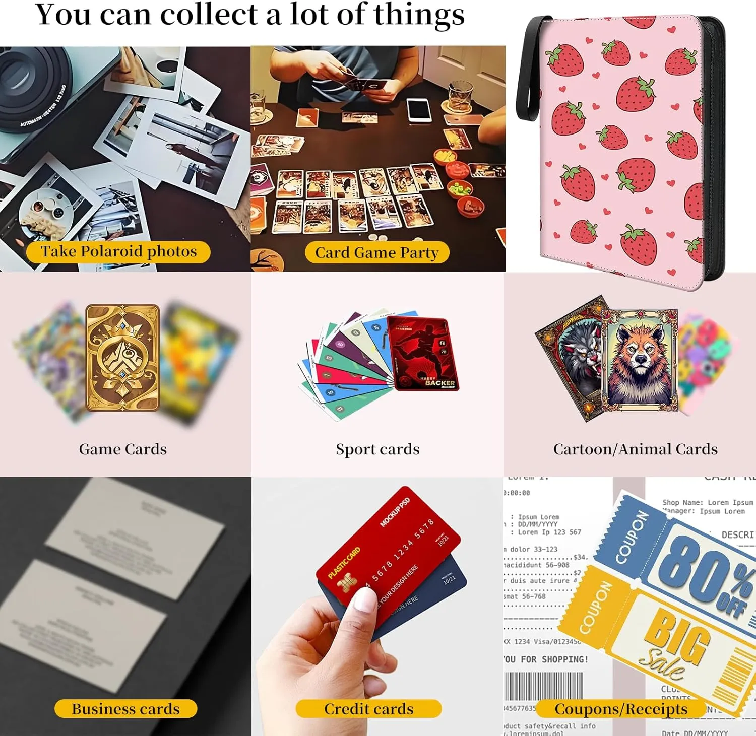 Card Binder 4 Pocket,Collectible Trading Card Albums Fits 400 Cards with 50 Removable Sleeves,Portable Trading Collection Album Holder,Game Card Case book With Zipper for Gifts,Cute Pink Strawberry