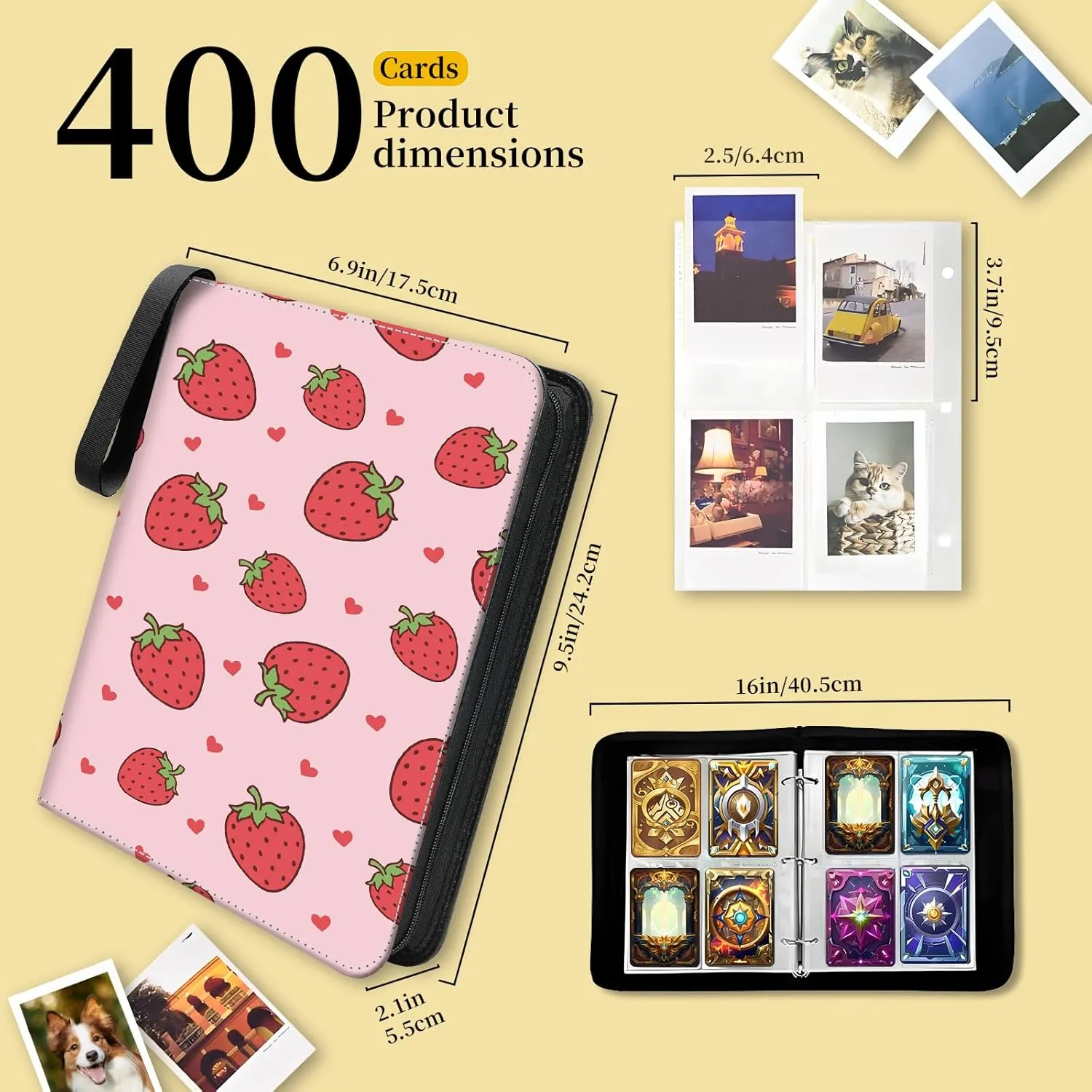 Card Binder 4 Pocket,Collectible Trading Card Albums Fits 400 Cards with 50 Removable Sleeves,Portable Trading Collection Album Holder,Game Card Case book With Zipper for Gifts,Cute Pink Strawberry