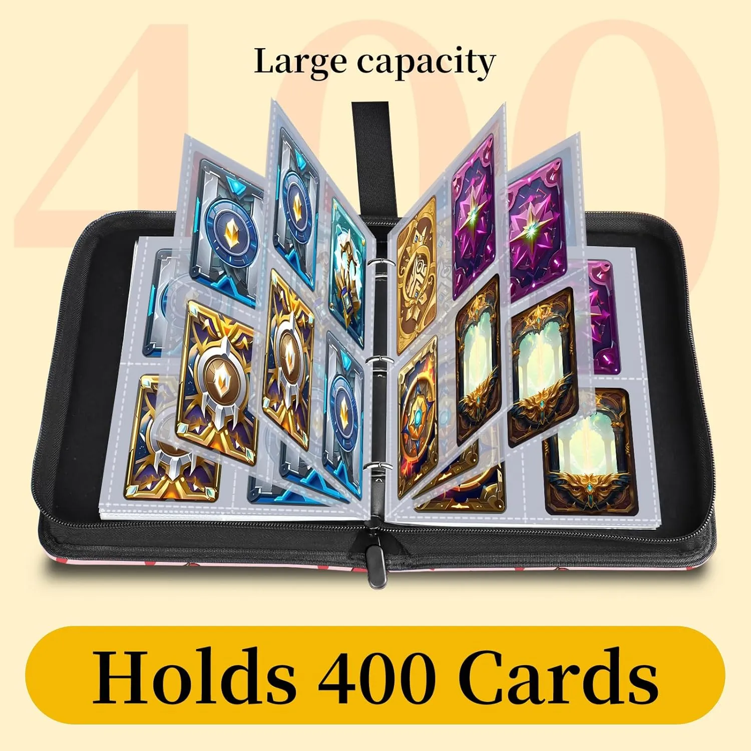 Card Binder 4 Pocket,Collectible Trading Card Albums Fits 400 Cards with 50 Removable Sleeves,Portable Trading Collection Album Holder,Game Card Case book With Zipper for Gifts,Cute Pink Strawberry