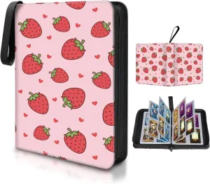 Card Binder 4 Pocket,Collectible Trading Card Albums Fits 400 Cards with 50 Removable Sleeves,Portable Trading Collection Album Holder,Game Card Case book With Zipper for Gifts,Cute Pink Strawberry