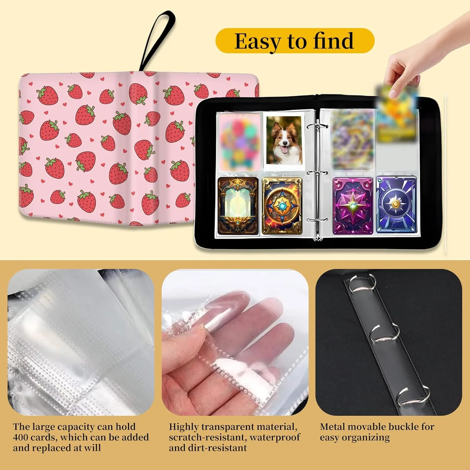 Card Binder 4 Pocket,Collectible Trading Card Albums Fits 400 Cards with 50 Removable Sleeves,Portable Trading Collection Album Holder,Game Card Case book With Zipper for Gifts,Cute Pink Strawberry