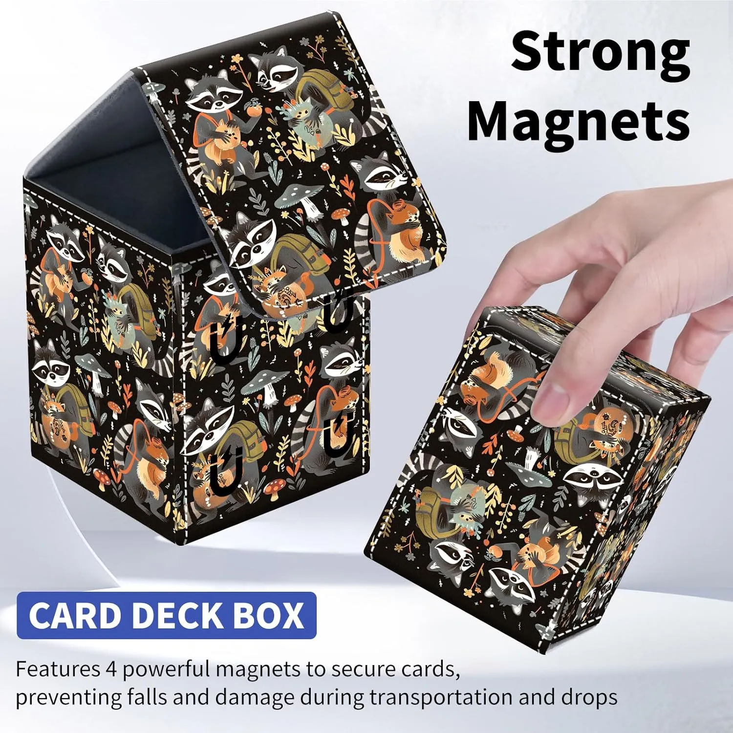 Card Deck Box for Trading Cards, MTG Deck Box Fits 100  Single Sleeved Cards, PU Leather Strong Magnet Card Deck Case Holder for Magic Commander TCG CCG, Cute Raccoons