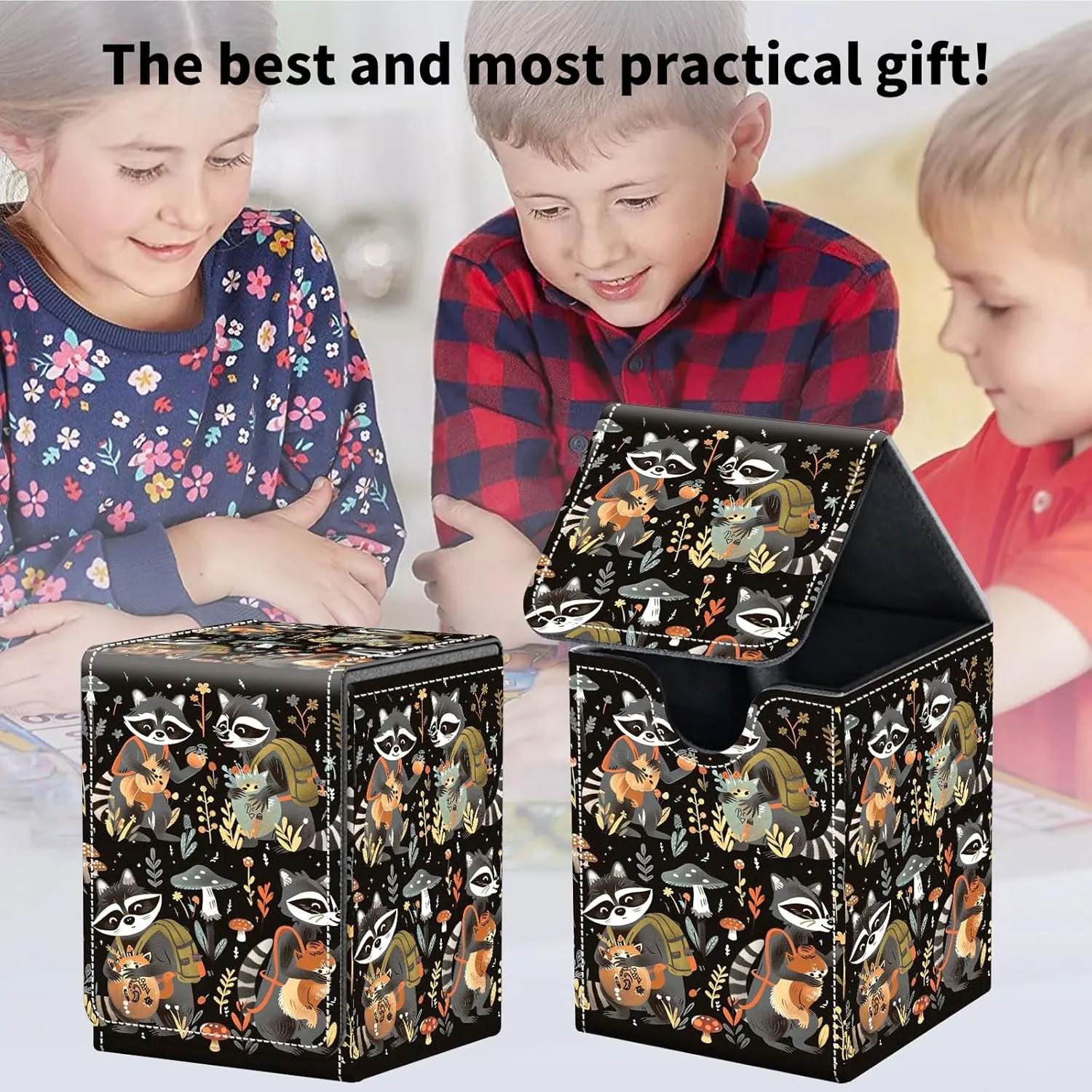 Card Deck Box for Trading Cards, MTG Deck Box Fits 100  Single Sleeved Cards, PU Leather Strong Magnet Card Deck Case Holder for Magic Commander TCG CCG, Cute Raccoons