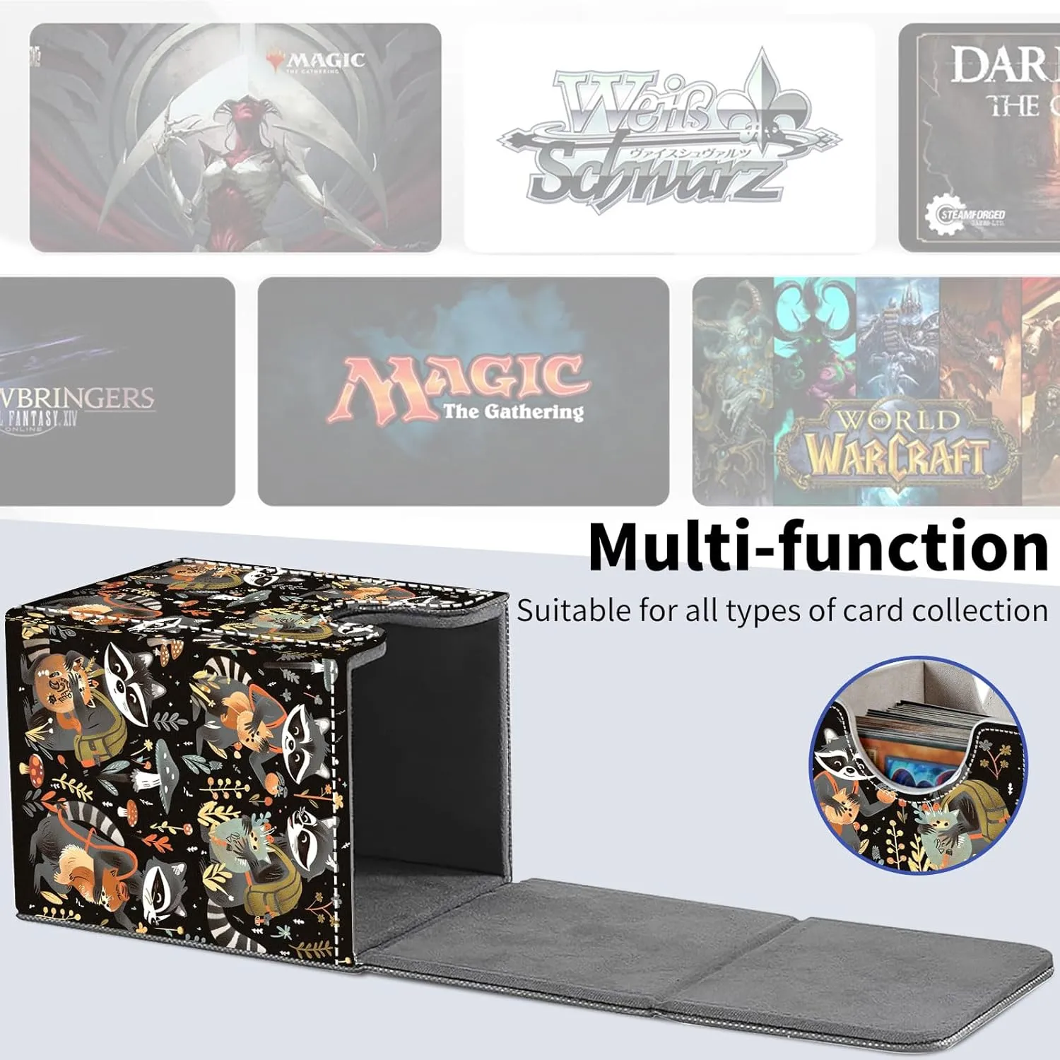 Card Deck Box for Trading Cards, MTG Deck Box Fits 100  Single Sleeved Cards, PU Leather Strong Magnet Card Deck Case Holder for Magic Commander TCG CCG, Cute Raccoons