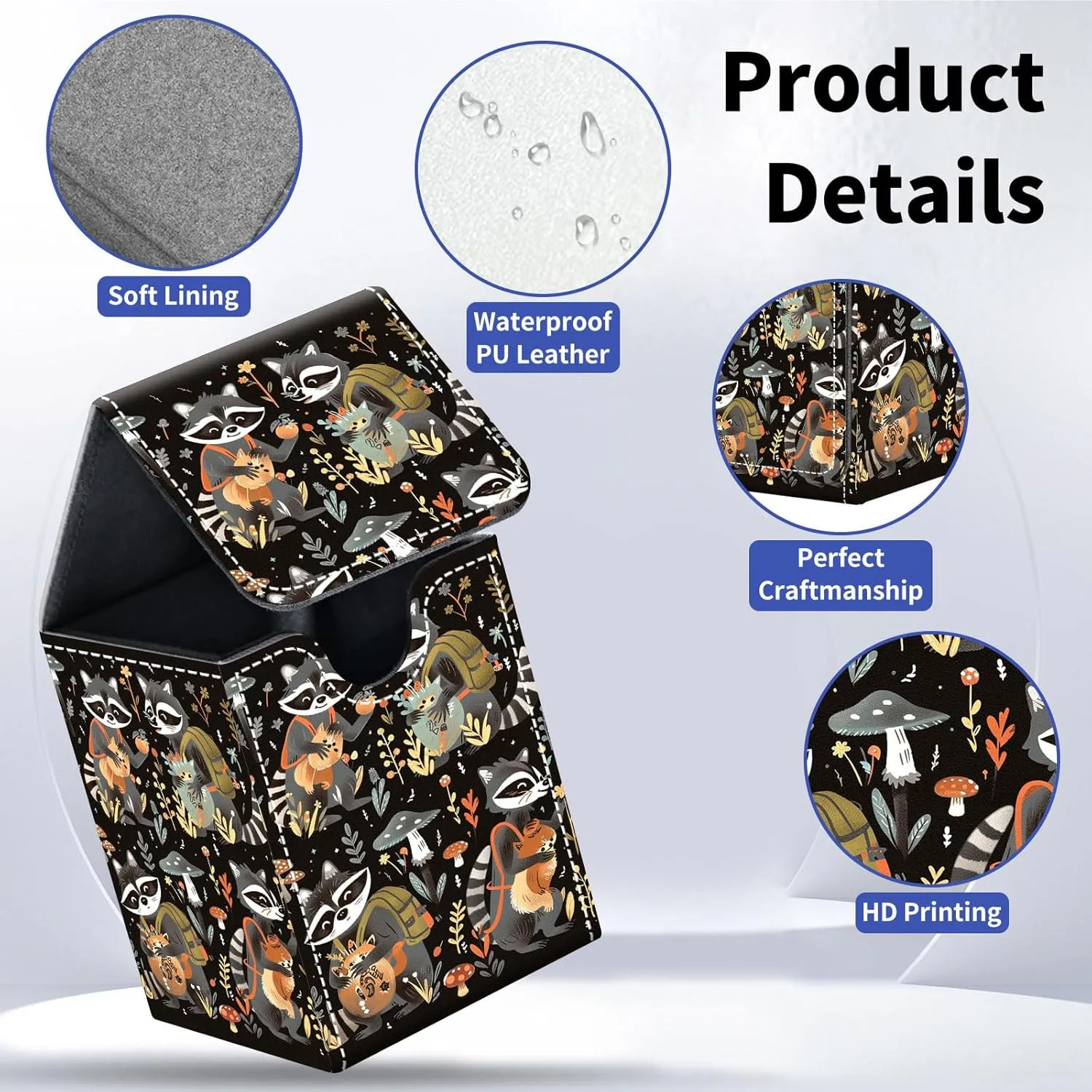 Card Deck Box for Trading Cards, MTG Deck Box Fits 100  Single Sleeved Cards, PU Leather Strong Magnet Card Deck Case Holder for Magic Commander TCG CCG, Cute Raccoons