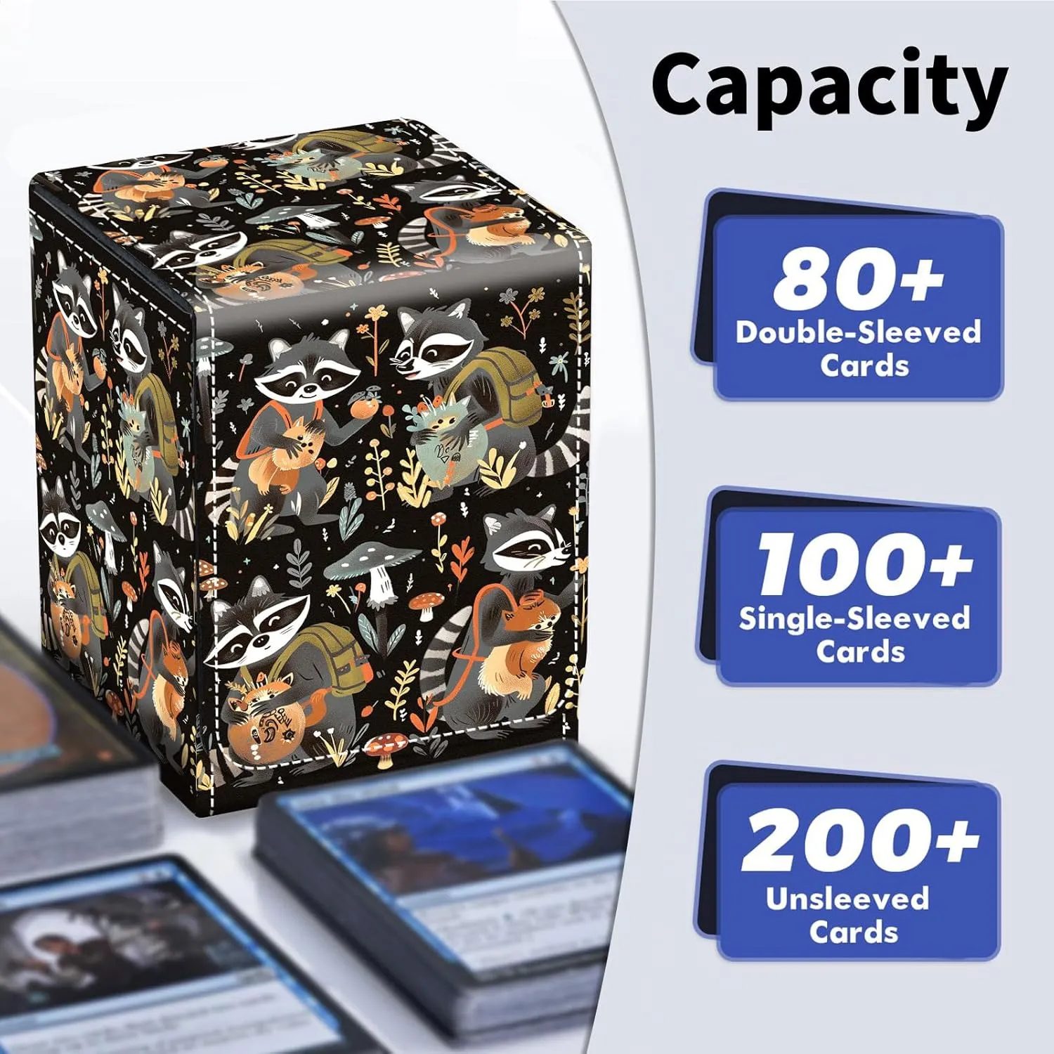 Card Deck Box for Trading Cards, MTG Deck Box Fits 100  Single Sleeved Cards, PU Leather Strong Magnet Card Deck Case Holder for Magic Commander TCG CCG, Cute Raccoons