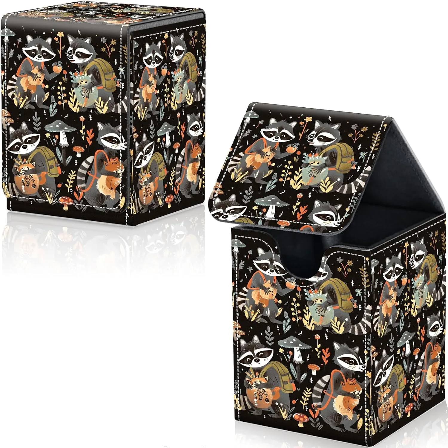 Card Deck Box for Trading Cards, MTG Deck Box Fits 100  Single Sleeved Cards, PU Leather Strong Magnet Card Deck Case Holder for Magic Commander TCG CCG, Cute Raccoons