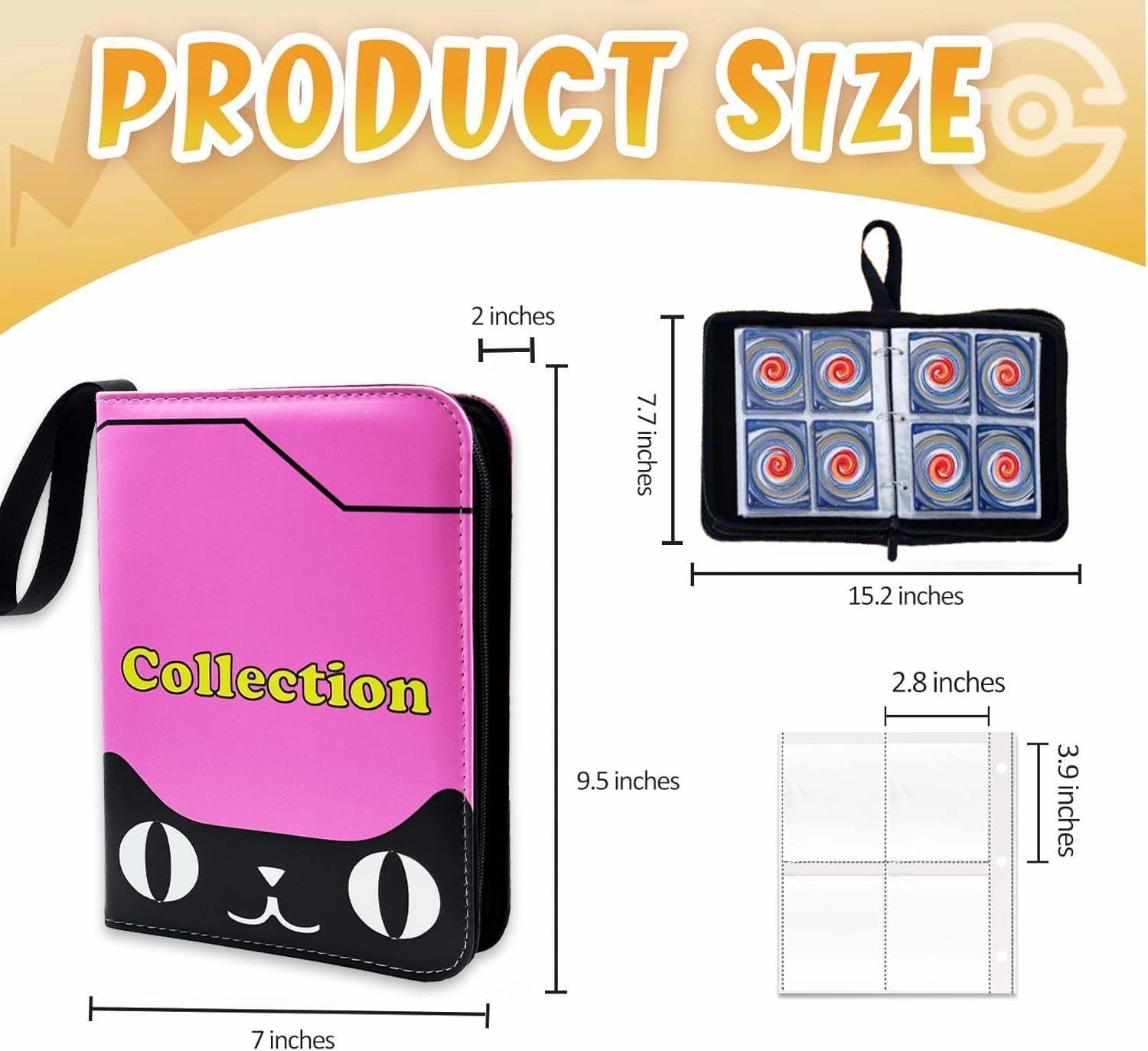 Card Binder Collection Trading Albums Fits 400/900 Cards with 50 Removable Sleeves, for MTG,TCG, Game Sport Cards Album Holder With Zipper Gifts for Boys and Girls (400, pink-cat)