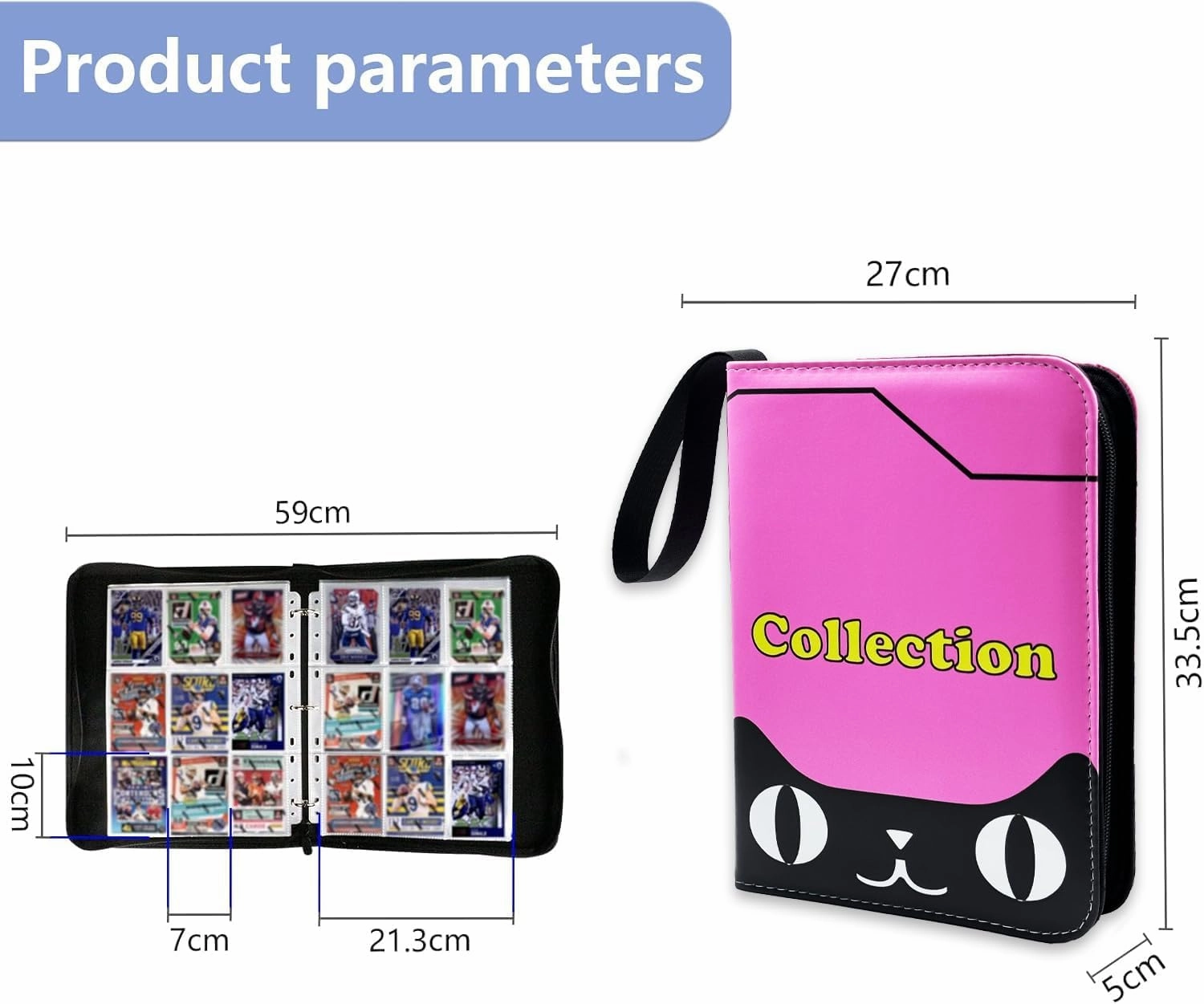 Card Binder Collection Trading Albums Fits 400/900 Cards with 50 Removable Sleeves, for MTG,TCG, Game Sport Cards Album Holder With Zipper Gifts for Boys and Girls (400, pink-cat)