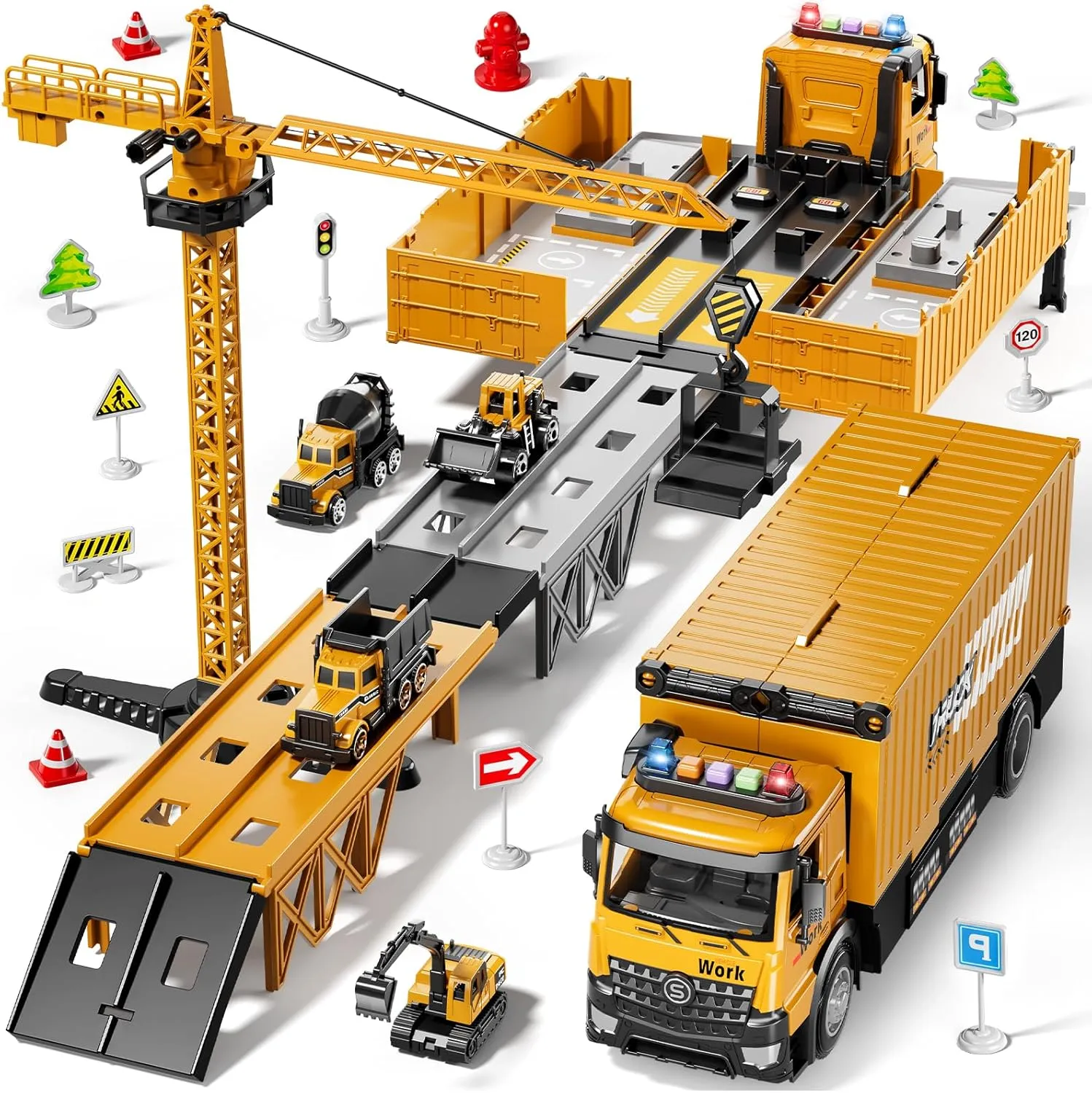 Carrier Truck Race Track Boy Toddlers Toys, Truck Toys for Toddlers 3-5 5-7, Toy Transport Car Truck with Tower Crane Light Sound, Truck Car Gifts for Age 3 4 5 6 7 Years Old Boys Girls