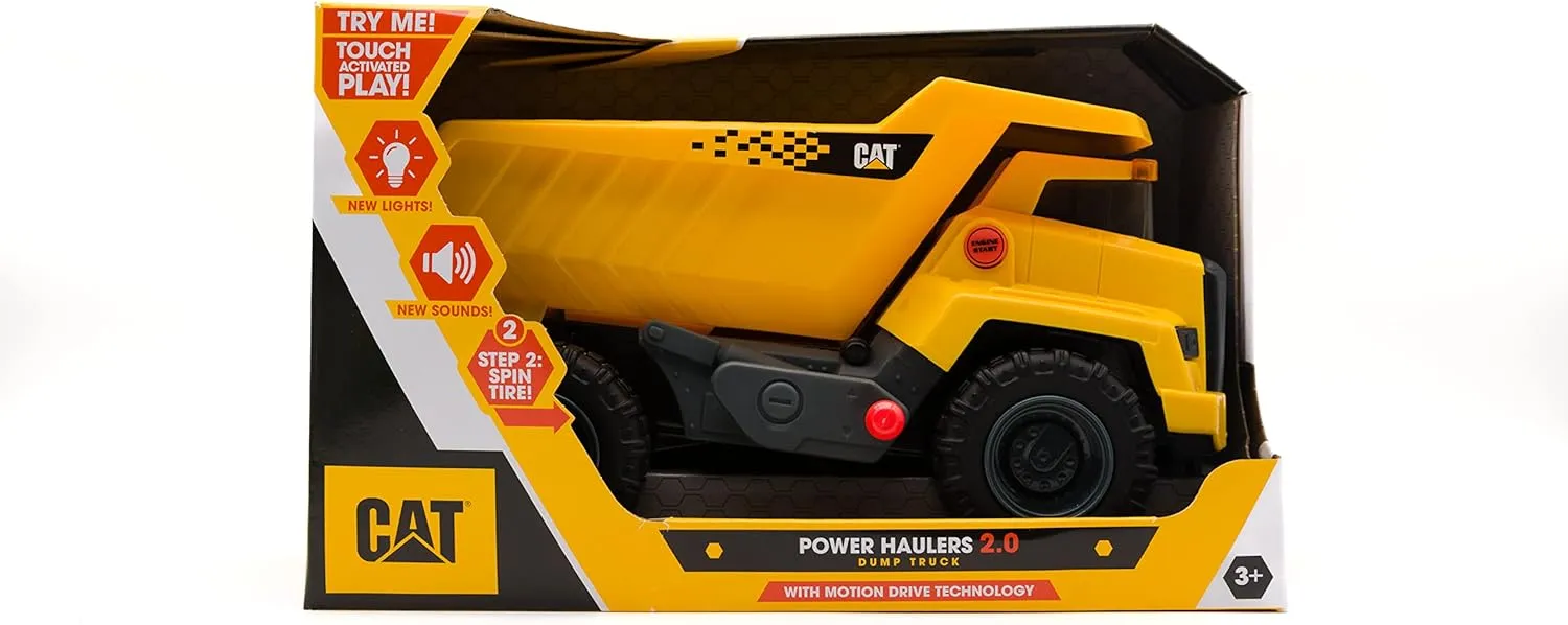 CAT Construction Toys, Power Haulers 2.0 Dump Truck, Realistic Lights and Sounds, Motion Drive Technology, Working Features, & Realistic Construction Experience.