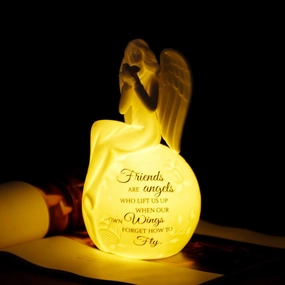 Ceramic Angel Lighted up Collectible Figurines Best Friendship Gift Sitting Angel Hold Dove on Hand with Essential Quote Night Light 8" H