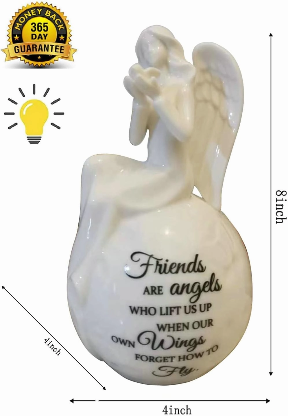 Ceramic Angel Lighted up Collectible Figurines Best Friendship Gift Sitting Angel Hold Dove on Hand with Essential Quote Night Light 8" H