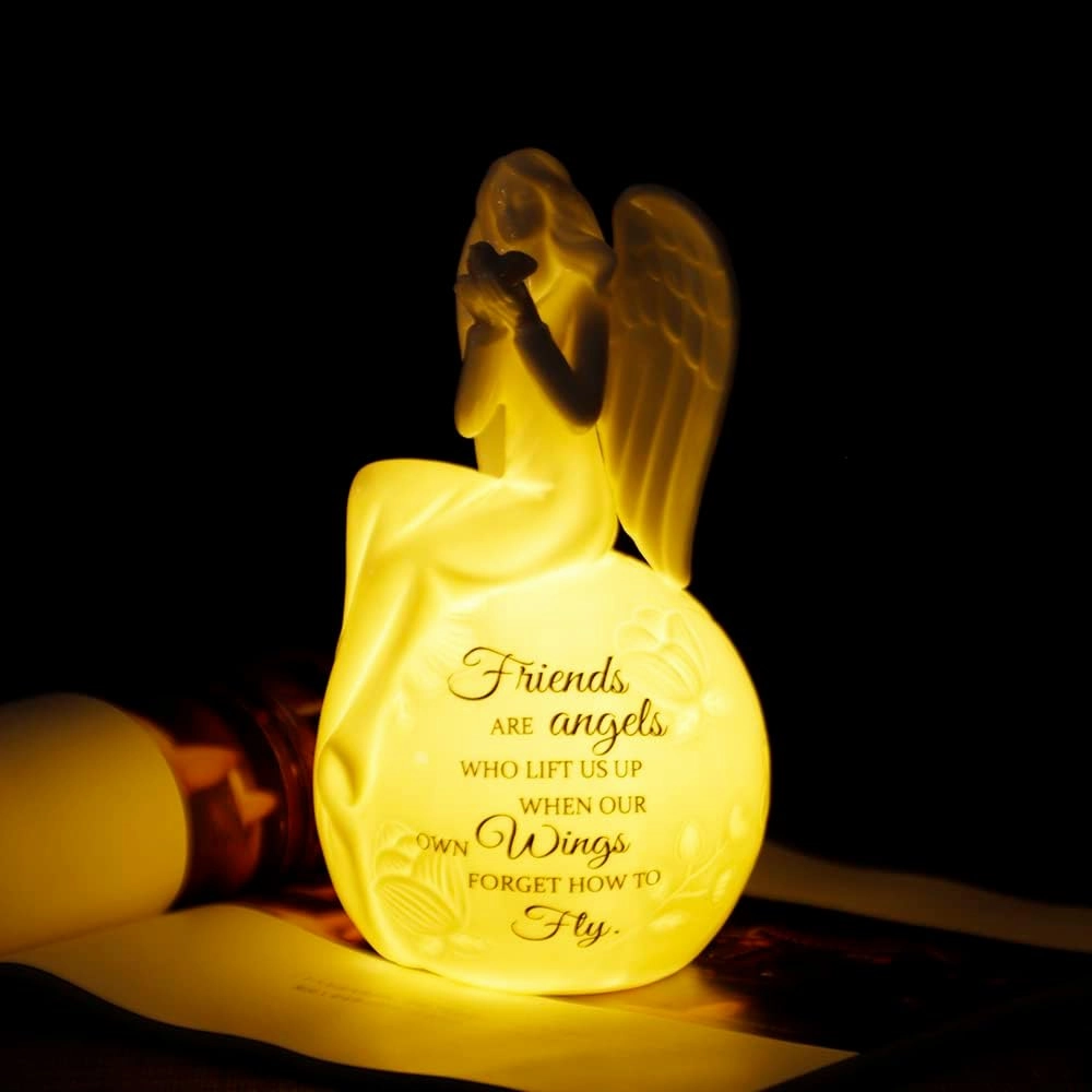 Ceramic Angel Lighted up Collectible Figurines Best Friendship Gift Sitting Angel Hold Dove on Hand with Essential Quote Night Light 8" H