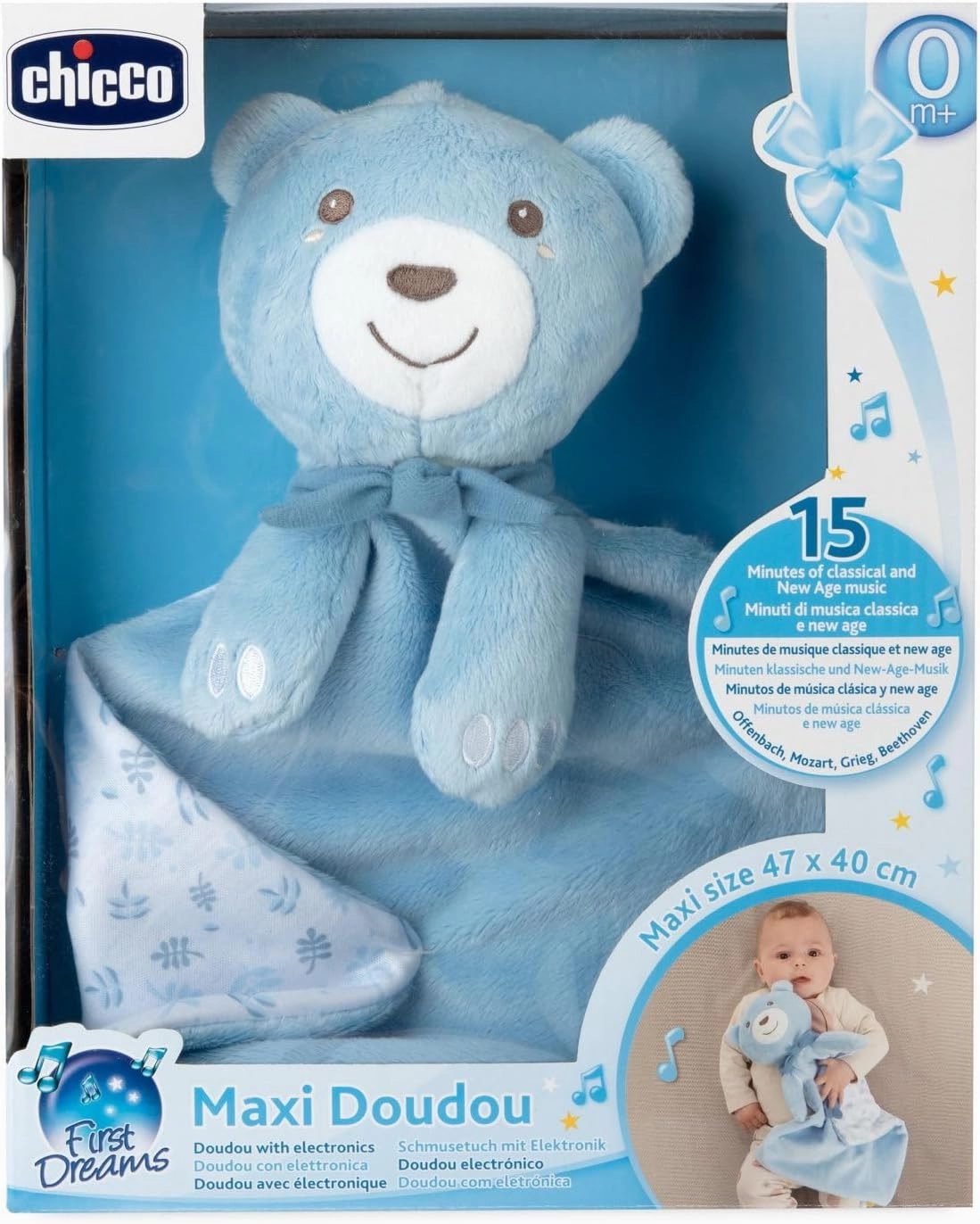 Chicco Maxi Teddy Bear Toy, Soft Velvet Puppet with Classical Music and New Age, Baby Plush, Soft to Cuddle, Machine Washable, 0  Months, Azure