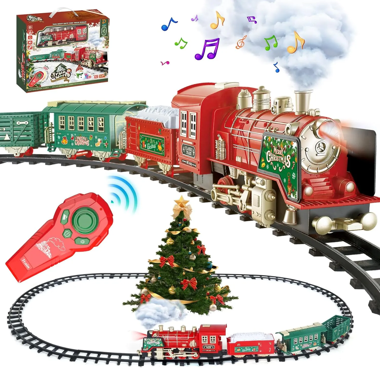 Christmas Train Set - Updated Remote Control Christmas Train Toys w/Smoke, Sounds, Lights, Rechargeable Electric Train for Around Christmas Tree, Train Toys Gifts for 3 4 5 6 7 8 