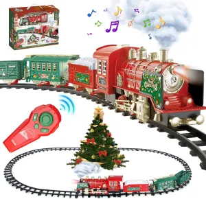 Christmas Train Set - Updated Remote Control Christmas Train Toys w/Smoke, Sounds, Lights, Rechargeable Electric Train for Around Christmas Tree, Train Toys Gifts for 3 4 5 6 7 8 