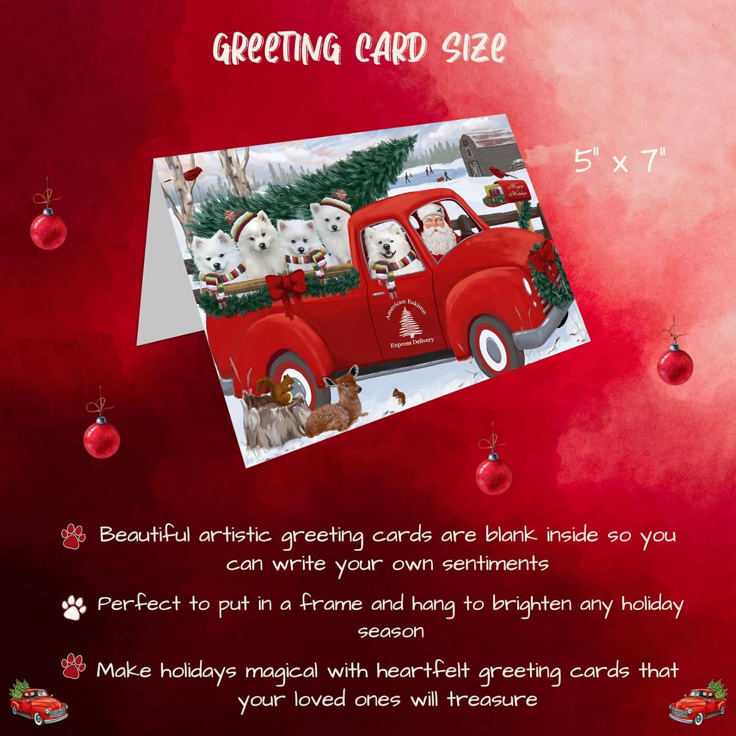 Christmas Santa Express Delivery Red Truck American Eskimos Dog Note Cards - Adorable Pets Invitation Cards with Envelopes - Pet Artwork Christmas Note Cards GCD68828 (10 Note Cards)
