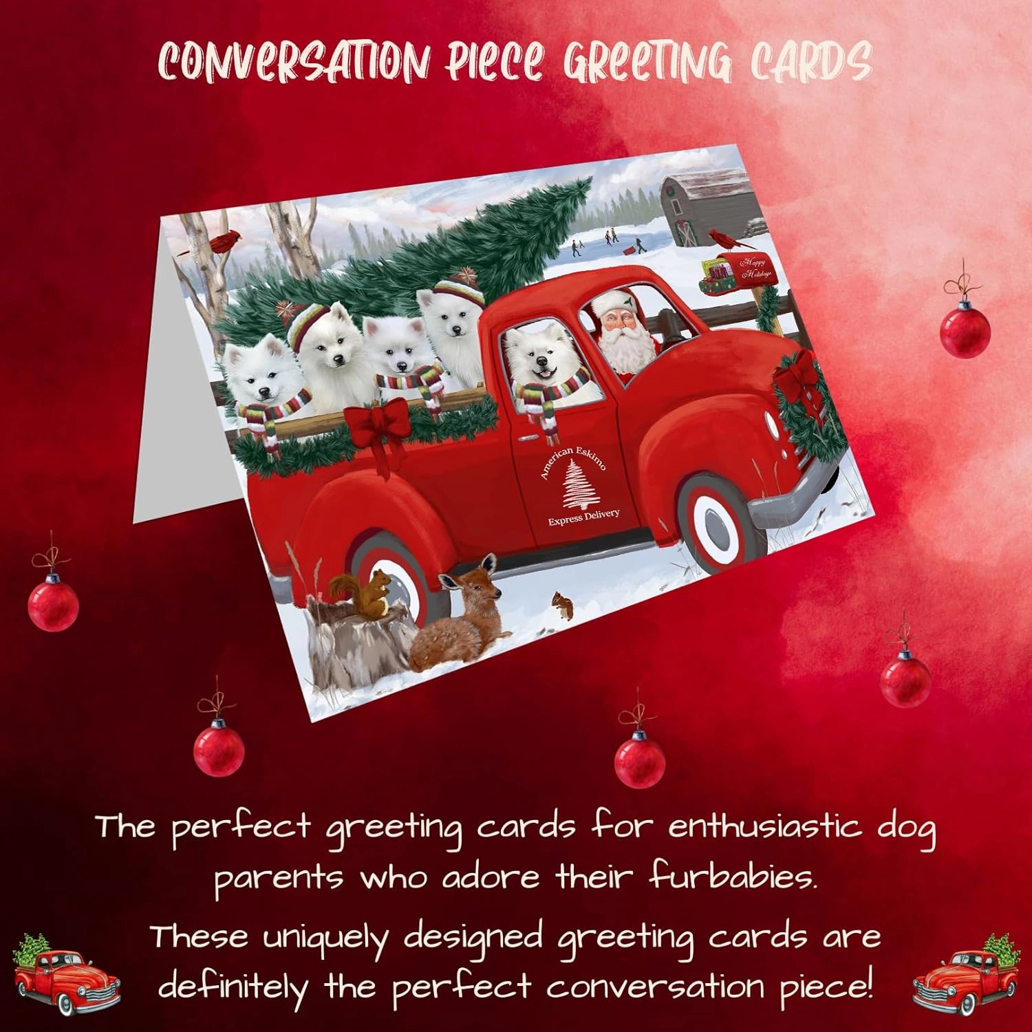 Christmas Santa Express Delivery Red Truck American Eskimos Dog Note Cards - Adorable Pets Invitation Cards with Envelopes - Pet Artwork Christmas Note Cards GCD68828 (10 Note Cards)