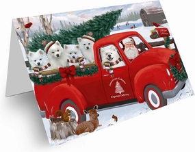Christmas Santa Express Delivery Red Truck American Eskimos Dog Note Cards - Adorable Pets Invitation Cards with Envelopes - Pet Artwork Christmas Note Cards GCD68828 (10 Note Cards)