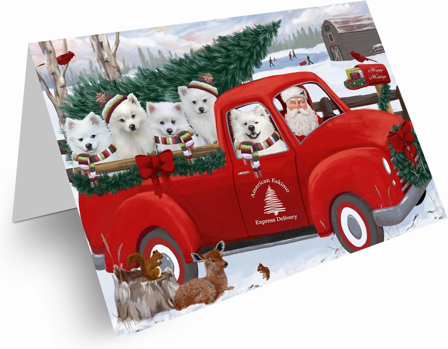 Christmas Santa Express Delivery Red Truck American Eskimos Dog Note Cards - Adorable Pets Invitation Cards with Envelopes - Pet Artwork Christmas Note Cards GCD68828 (10 Note Cards)