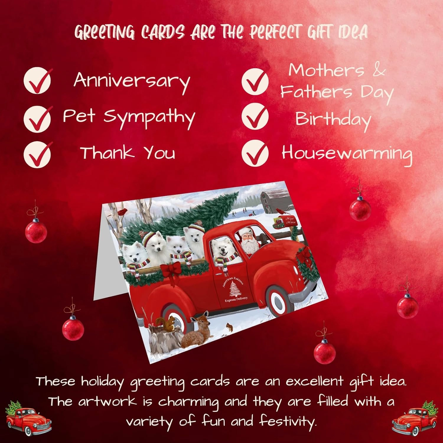 Christmas Santa Express Delivery Red Truck American Eskimos Dog Note Cards - Adorable Pets Invitation Cards with Envelopes - Pet Artwork Christmas Note Cards GCD68828 (10 Note Cards)