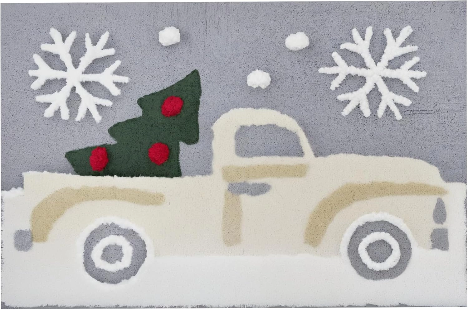 Christmas White Truck Bathroom Rug, Retro Holiday Design, Seasonal Plush Cotton Pile Bath Mat, 20 x 30 Inches Rectangle, Multi Color