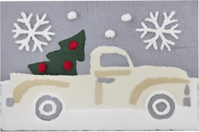 Christmas White Truck Bathroom Rug, Retro Holiday Design, Seasonal Plush Cotton Pile Bath Mat, 20 x 30 Inches Rectangle, Multi Color