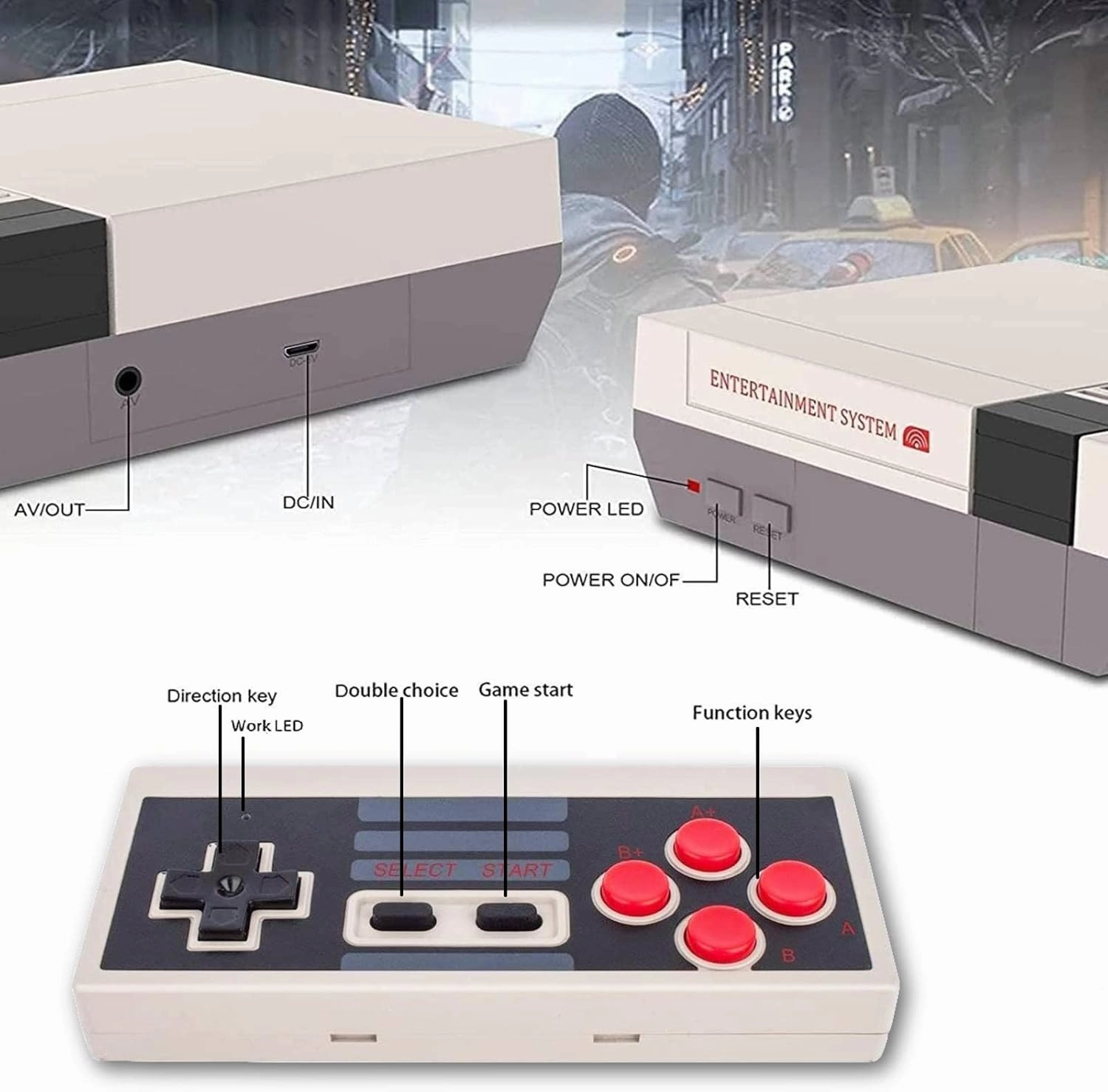 Classic Retro Game Console Built 600 Classic Video Games,Av Output Handheld Game System with Dual Wireless Game Controllers,Plug and Play. (Ashen)