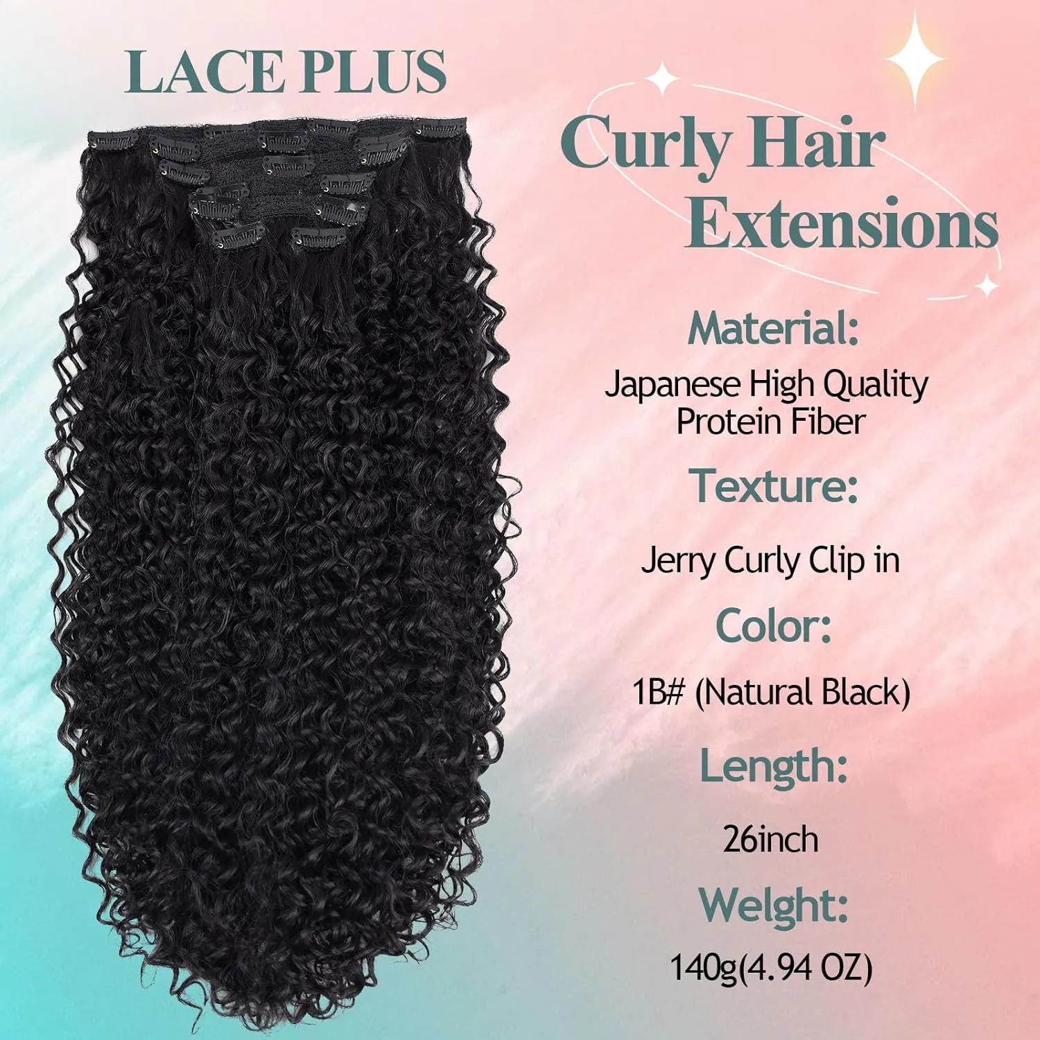 Clip In Hair Extensions - 140G 7Pcs Synthetic hair Natural Black Clip in Jerry Curly Hair Extensions for Black Women Jerry hair clip in extensions Hairpieces (1B# 26 Inch) (7 count)