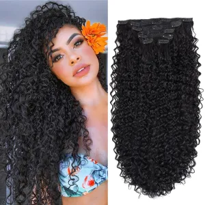 Clip In Hair Extensions - 140G 7Pcs Synthetic hair Natural Black Clip in Jerry Curly Hair Extensions for Black Women Jerry hair clip in extensions Hairpieces (1B# 26 Inch) (7 count)
