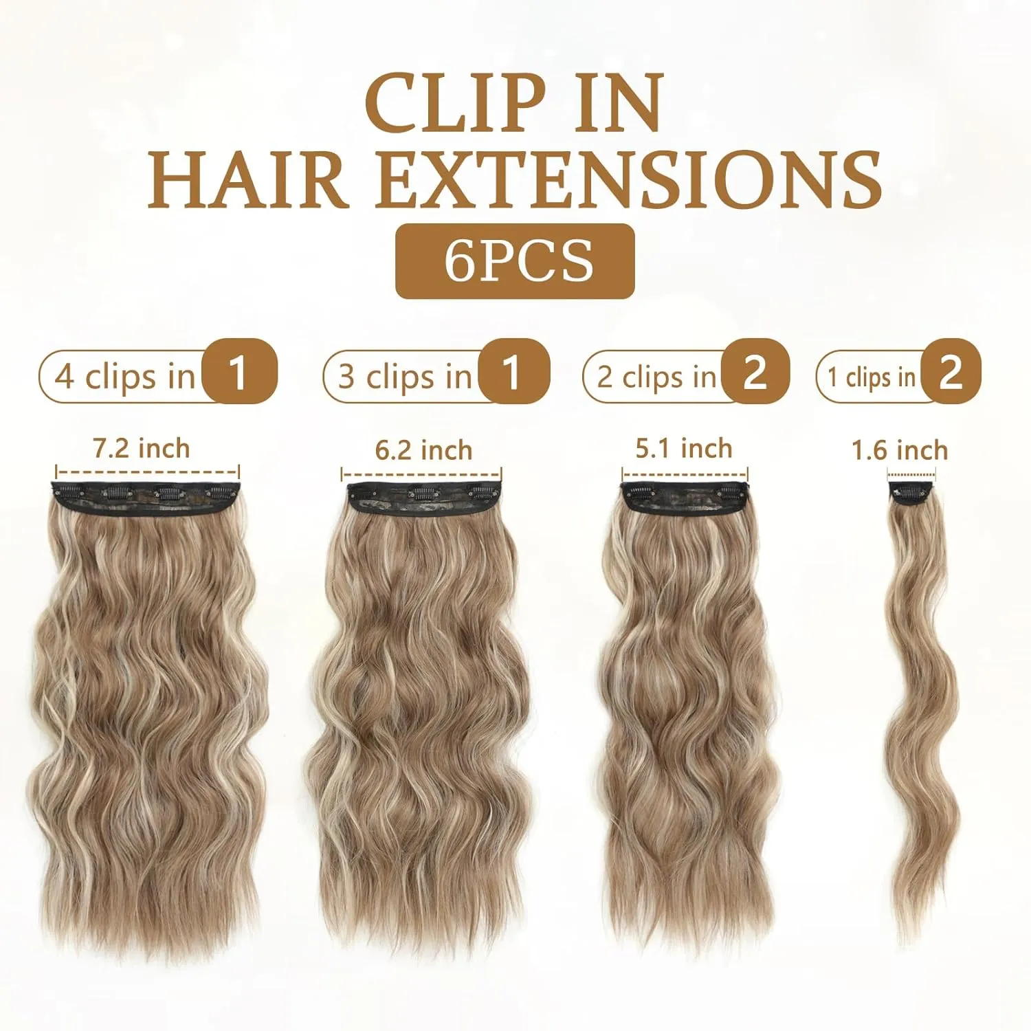 Clip in Hair Extensions for Women, 6PCS Long Wavy Curly Clip on Hair Extensions 16 Inch Ash Brown Mixed Ash Blonde Synthetic Hairpieces