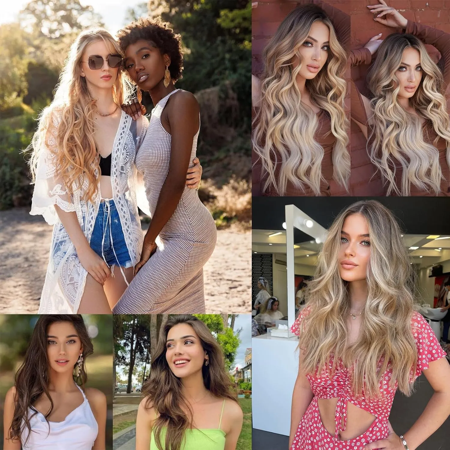 Clip in Hair Extensions for Women, 6PCS Long Wavy Curly Clip on Hair Extensions 16 Inch Ash Brown Mixed Ash Blonde Synthetic Hairpieces