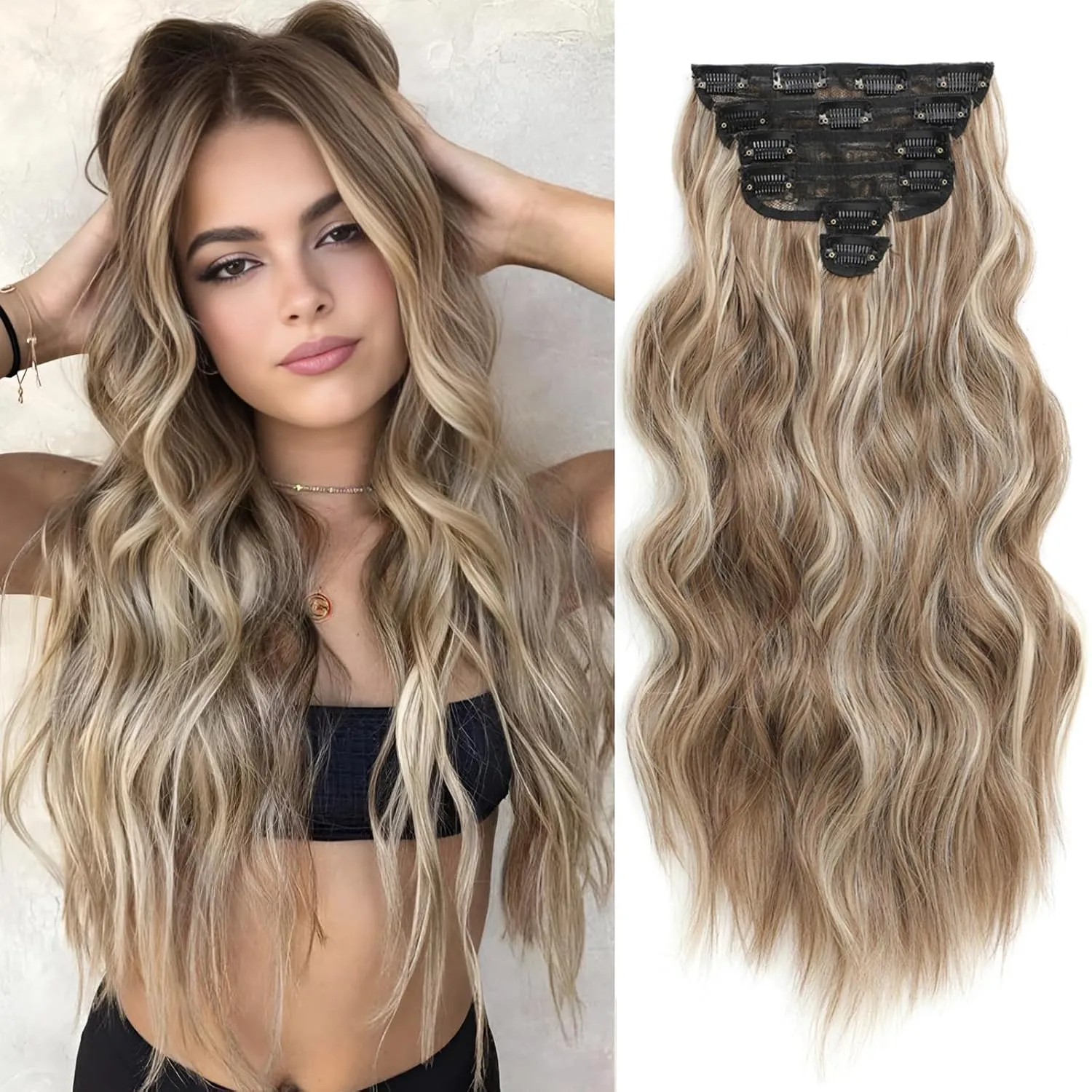 Clip in Hair Extensions for Women, 6PCS Long Wavy Curly Clip on Hair Extensions 16 Inch Ash Brown Mixed Ash Blonde Synthetic Hairpieces