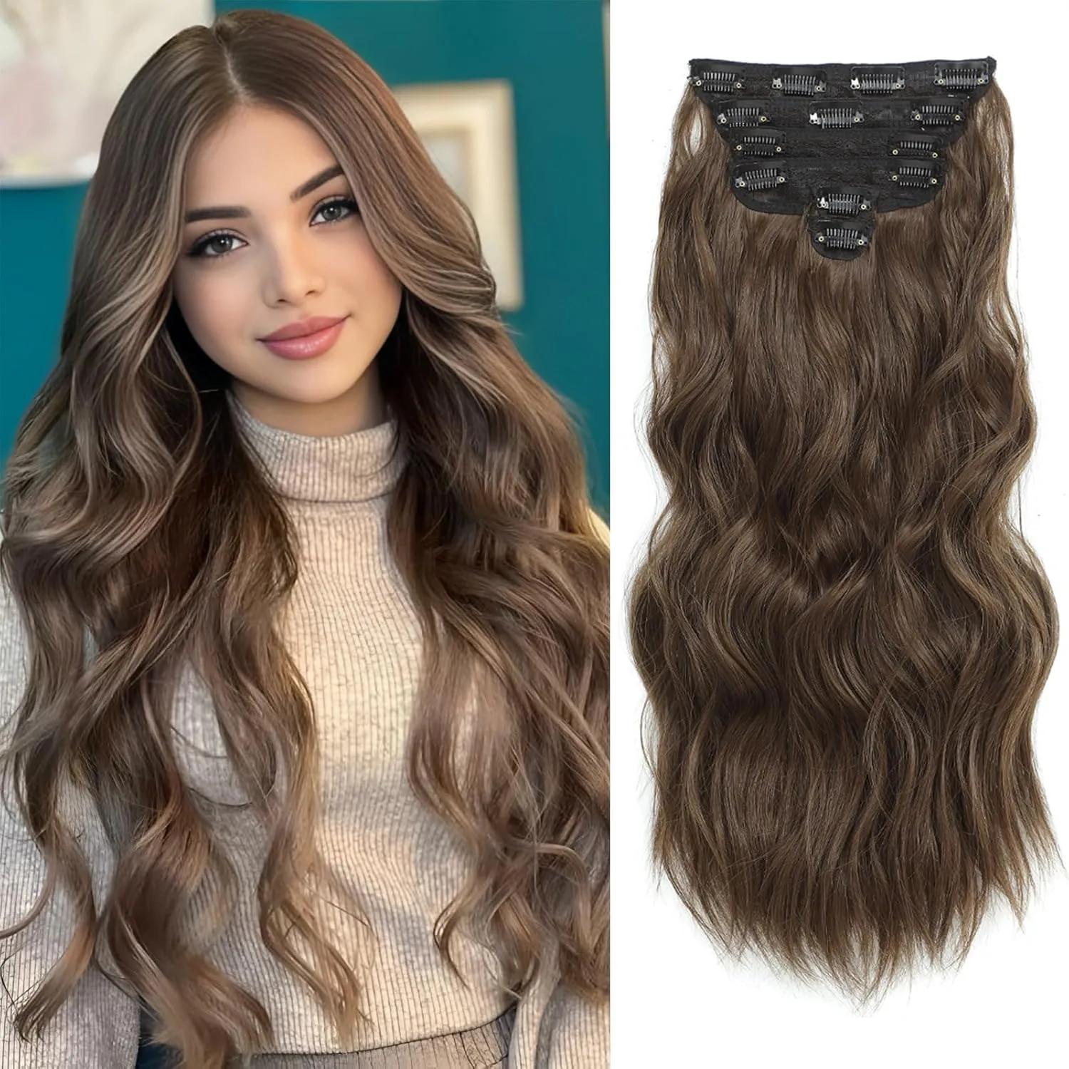 Clip in Hair Extensions for Women, 6PCS Long Wavy Curly Clip on Hair Extensions 16 Inch Chestnut Brown Synthetic Hairpieces