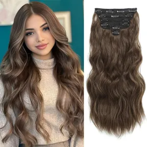 Clip in Hair Extensions for Women, 6PCS Long Wavy Curly Clip on Hair Extensions 16 Inch Chestnut Brown Synthetic Hairpieces