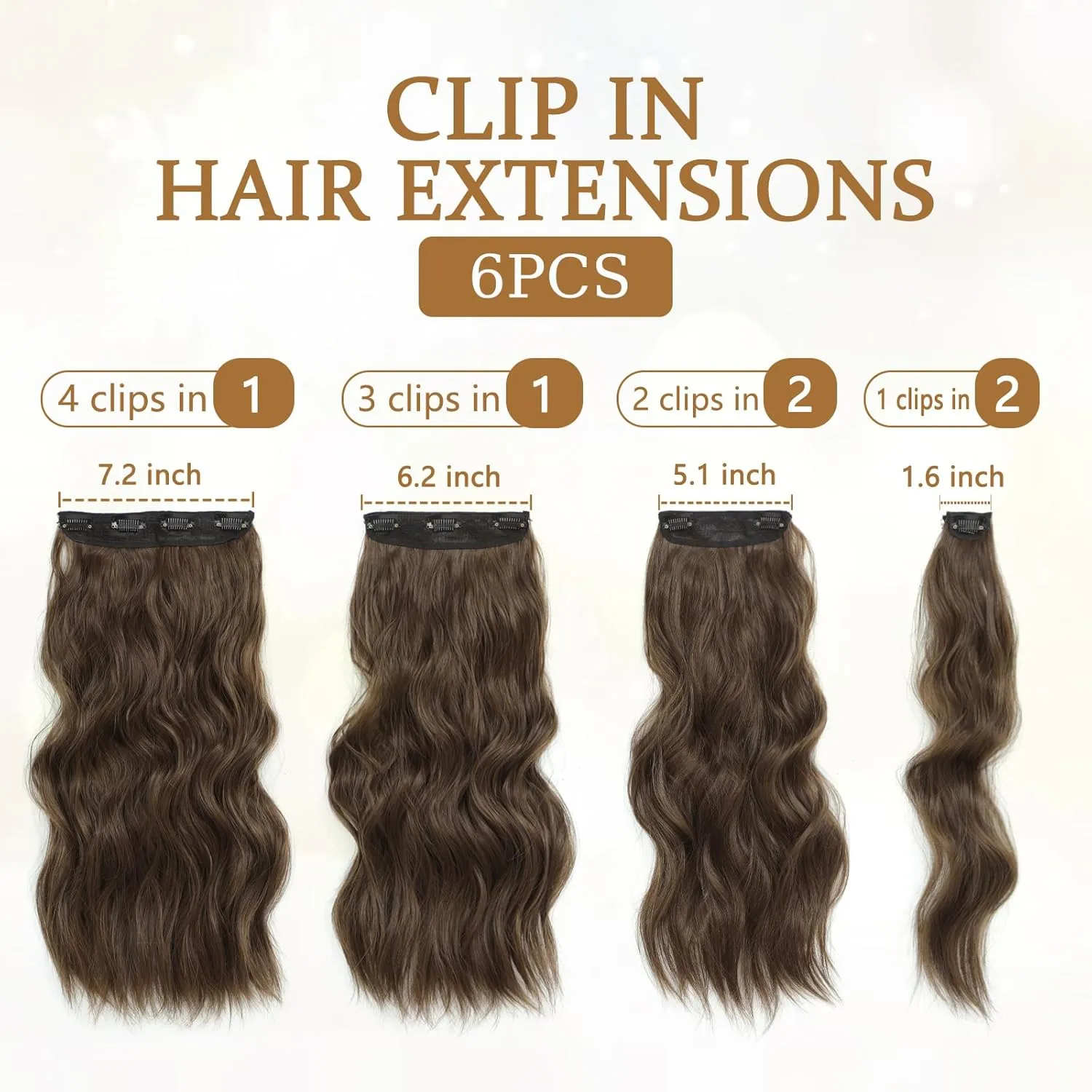 Clip in Hair Extensions for Women, 6PCS Long Wavy Curly Clip on Hair Extensions 16 Inch Chestnut Brown Synthetic Hairpieces