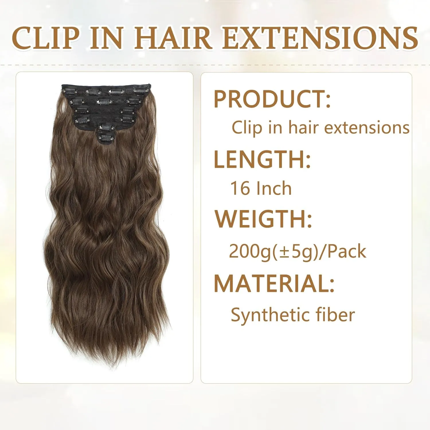 Clip in Hair Extensions for Women, 6PCS Long Wavy Curly Clip on Hair Extensions 16 Inch Chestnut Brown Synthetic Hairpieces